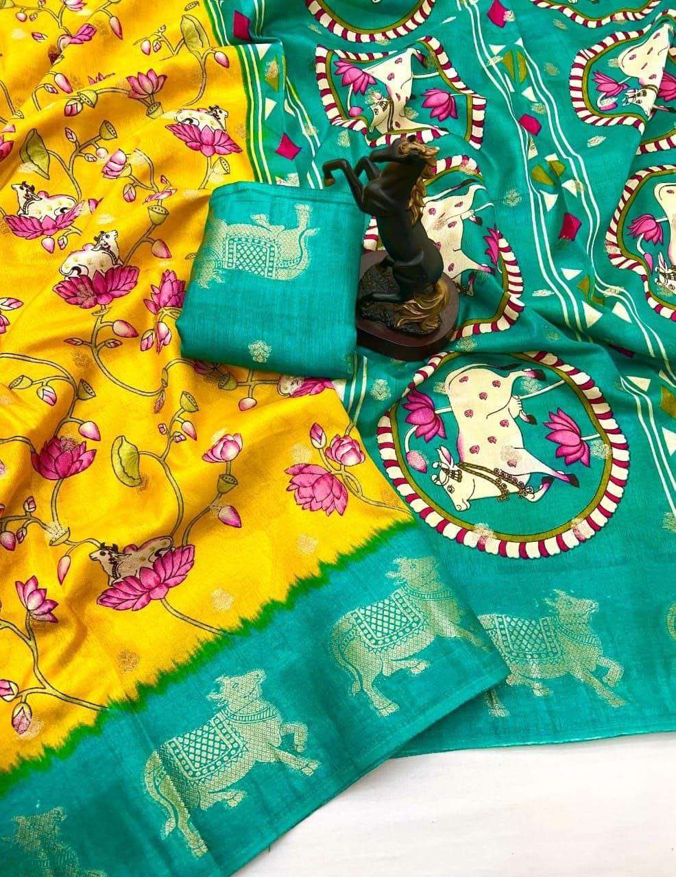Festival Vol 7 New Launching Premium Spice Silk fabric Fabric With Kalamkari print on Saree wholesale in surat