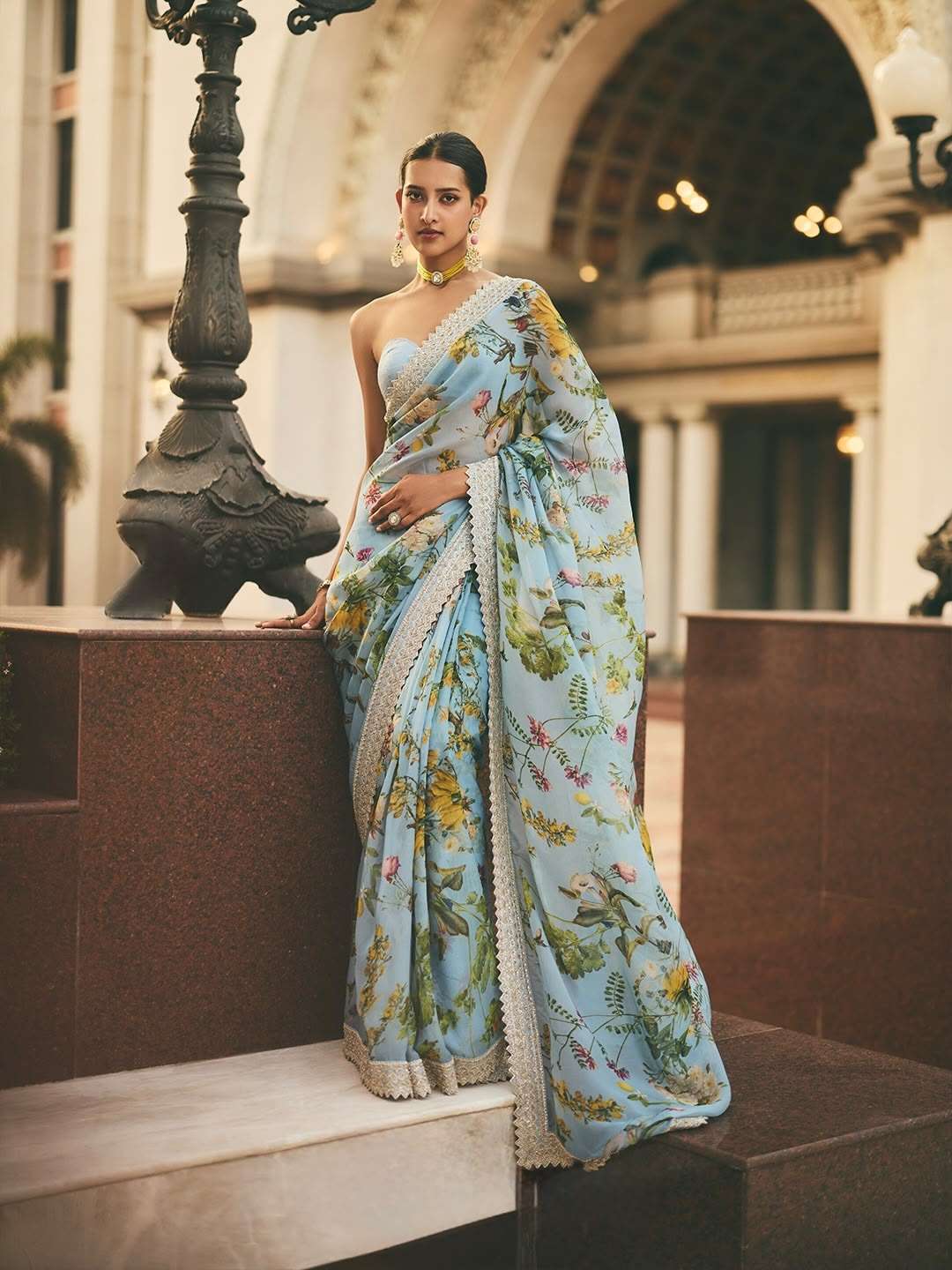  Fresh Arrival Super Pure Georgette fabric with blue colour flower print on Saree wholesale in surat blue flower