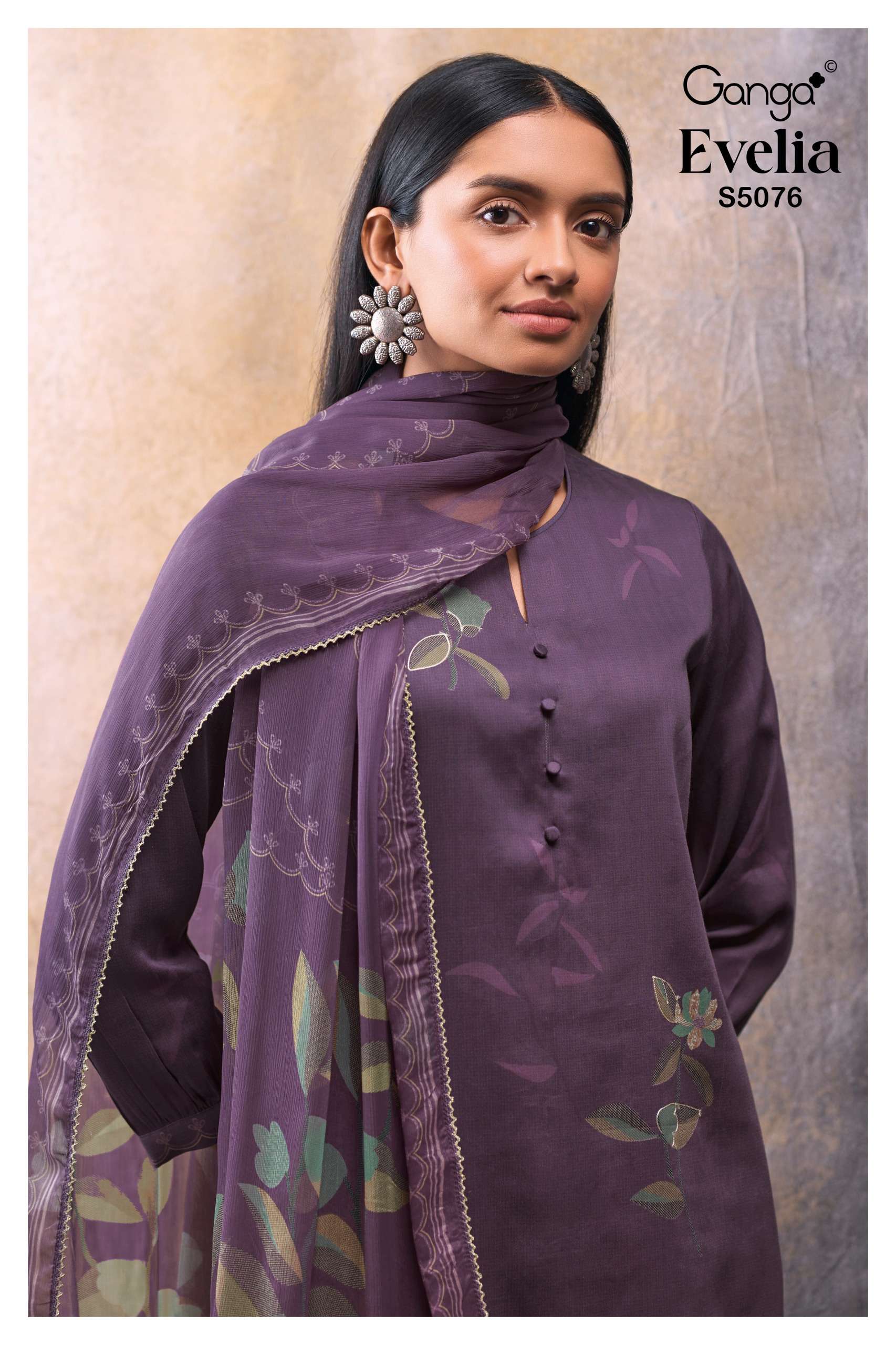 GANGA EVELIA 5076 COTTON SATIN PRINTED WITH HANDWORK SUIT FOR WOMEN MATERIAL EXPORT