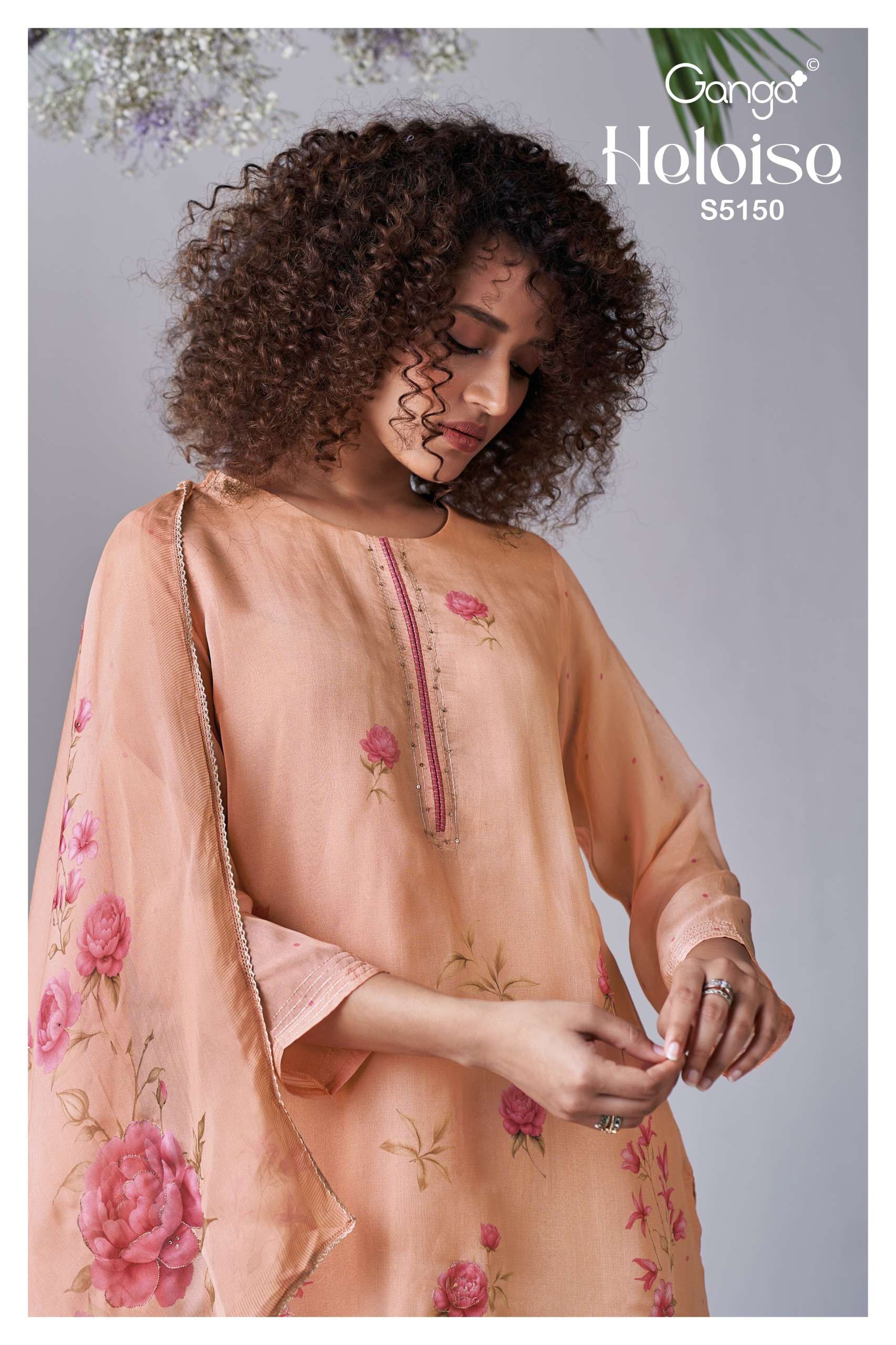 GANGA HELOISE 5150 ORGANZA SILK PRINTED HANDWORK SUIT FOR LADIES WHOLESALER