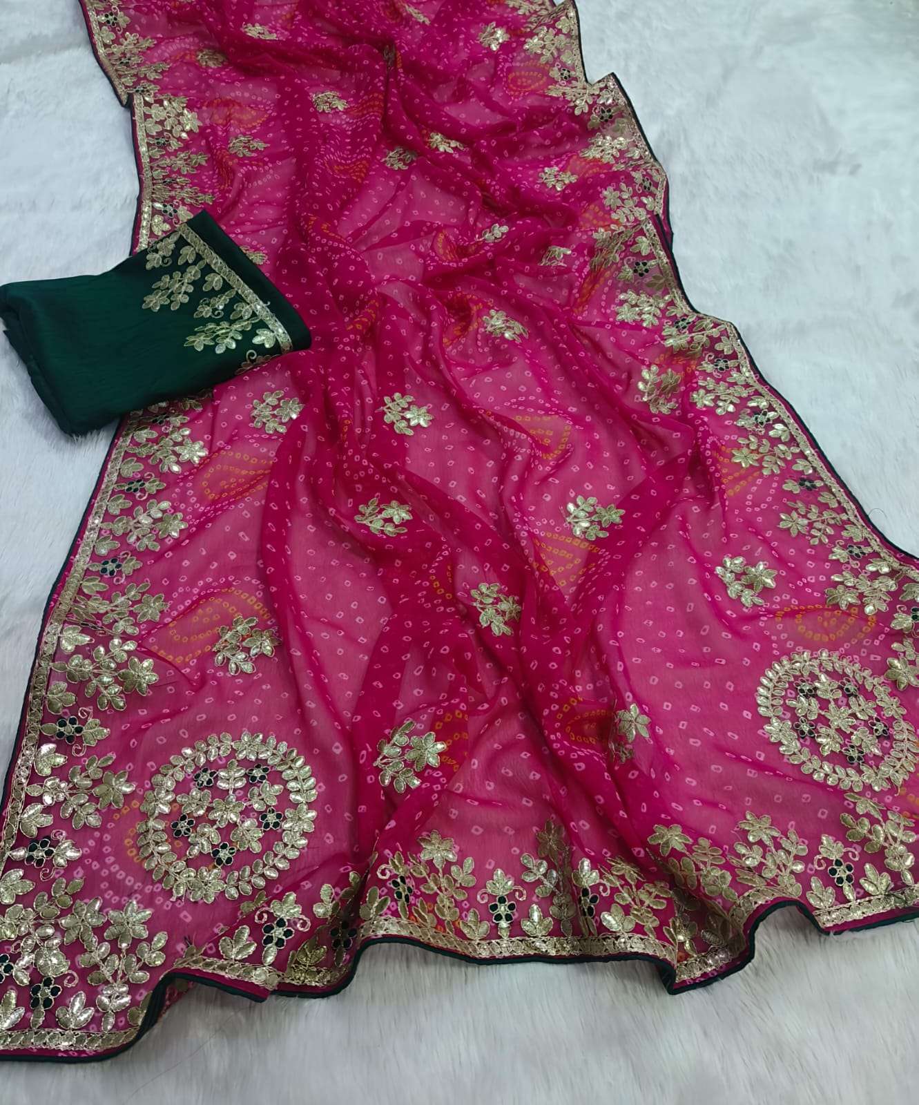 Georgette fancy fabric designer bandhani print on saree wholesale in surat maya