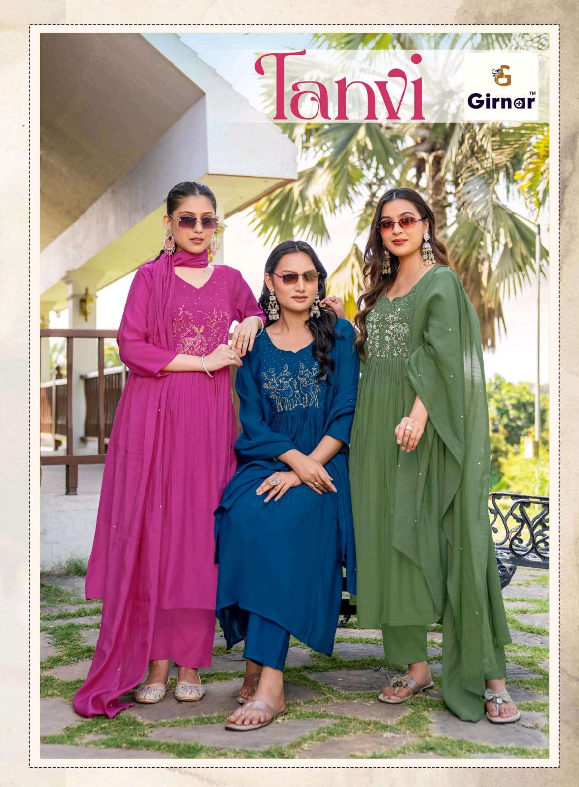 GIRNAR TANVI VOL 1 CHANDERI HANDWORK ANARKALI STYLE 3 PIECE SUIT WOMEN WHOLESALE