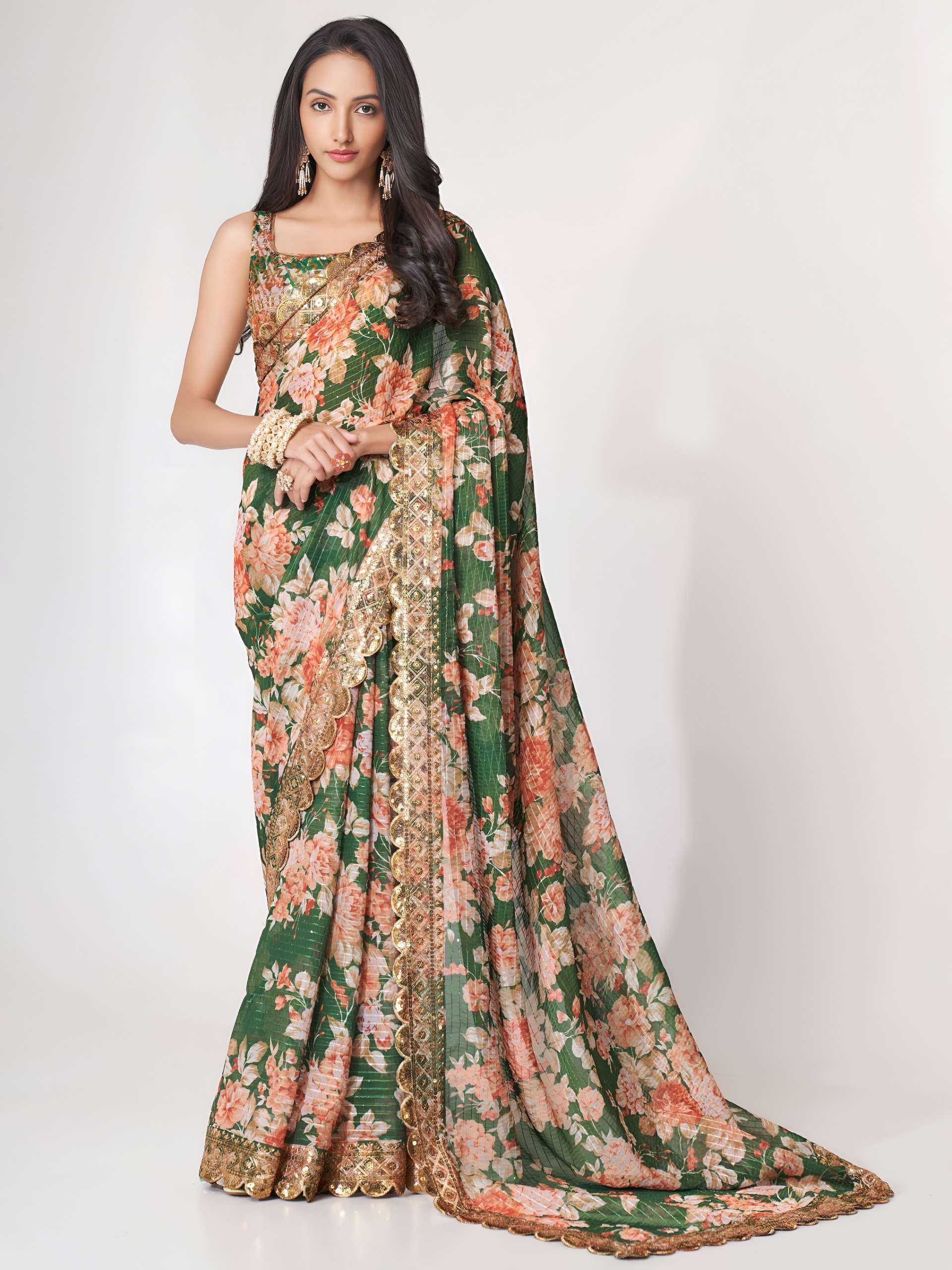 Green Blossom Luxe colour heavy Rich emerald Organza fabric Saree Supplier in surat 1105 Green 