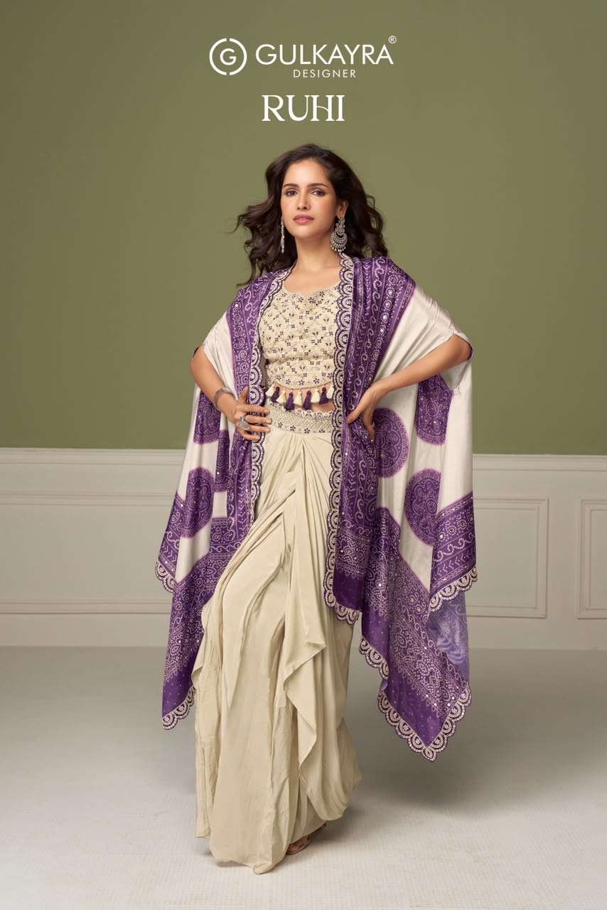 GULKAYRA DESIGNER RUHI LUXURY BRAND CHINON DESIGNER BLOUSE SHRUGH SUIT INDO WESTERN 