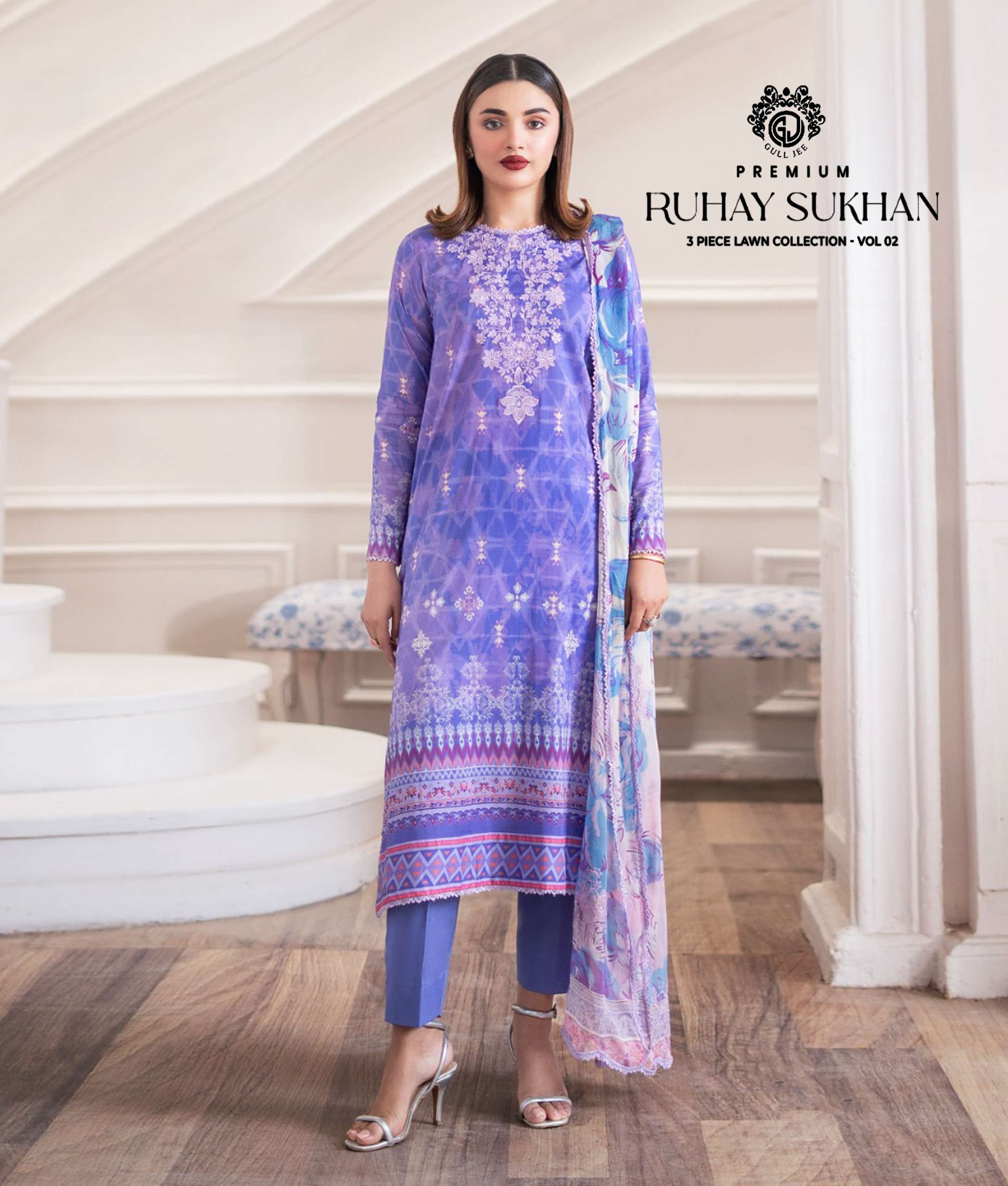 GULL JEE RUHAY SUKHAN 3 PIECE LAWN COLLECTION VOL 2 SHIRT PRINTED SUIT CHIFFON DUPATTA WHOLESALE