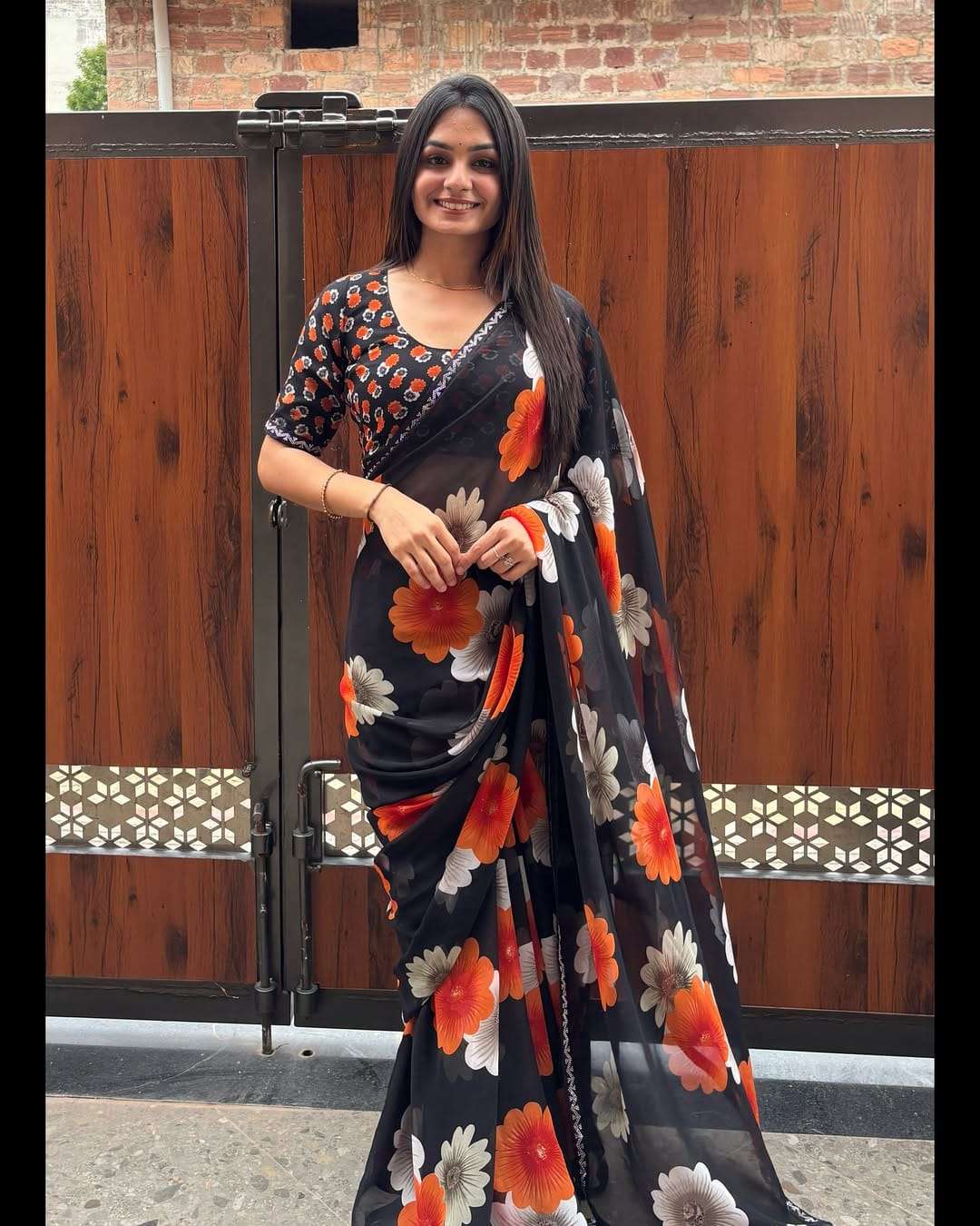 Heavy blooming Georgette fabric saree with multi colours flower print on saree wholesale in surat minky