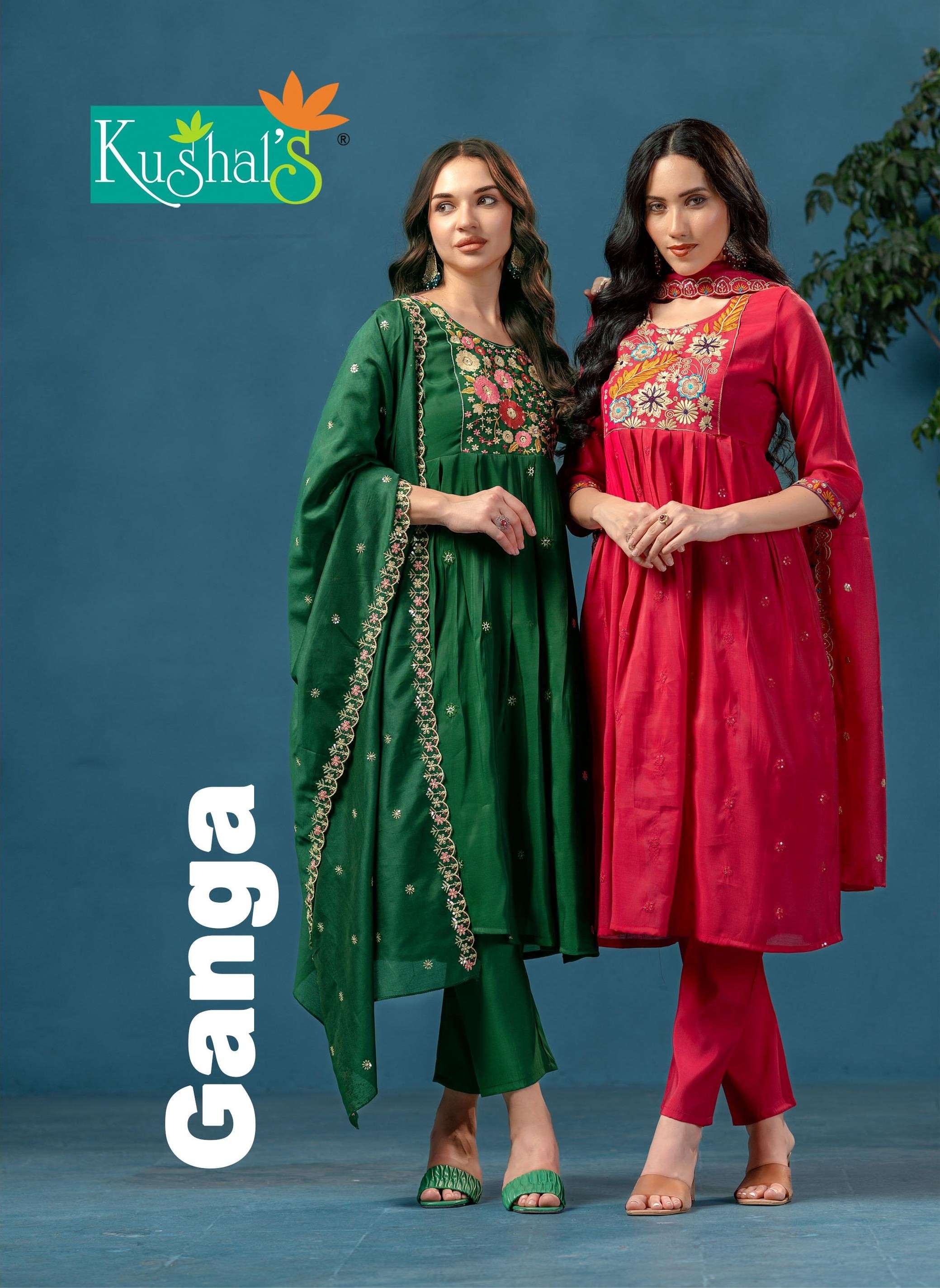 KHUSHAL GANGA CHANDERI DESIGNER FRALED KURTI PANT DUPATTA SET FESTIVAL INDIAN 
