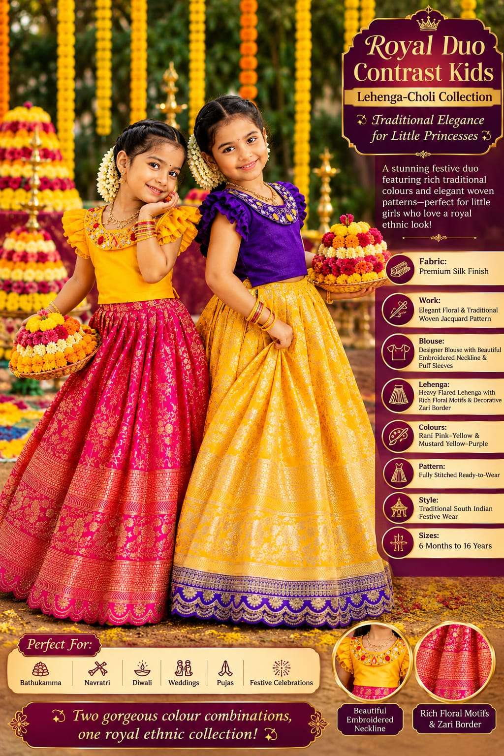 Kids wear Royal Duo Contrast South Indian style wear Kids Lehenga Choli on saree wholesale in surat 