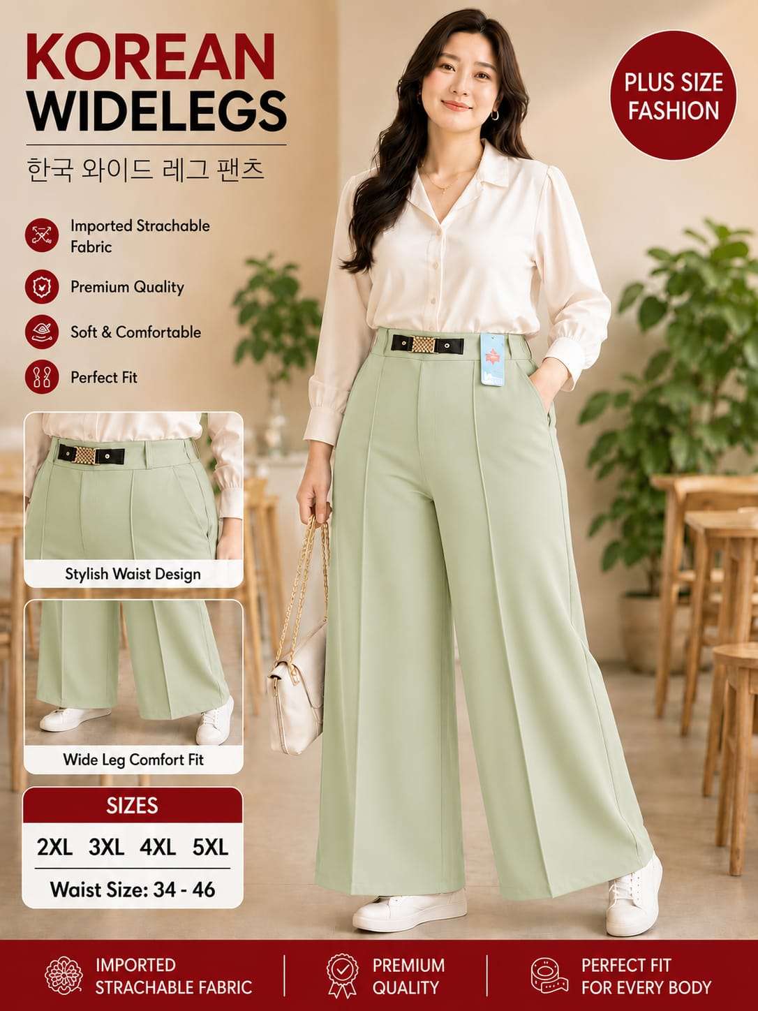 KOREAN WIDELEGS STRETCHABLE FABRIC STYLISH WAIST DESIGN PANT...