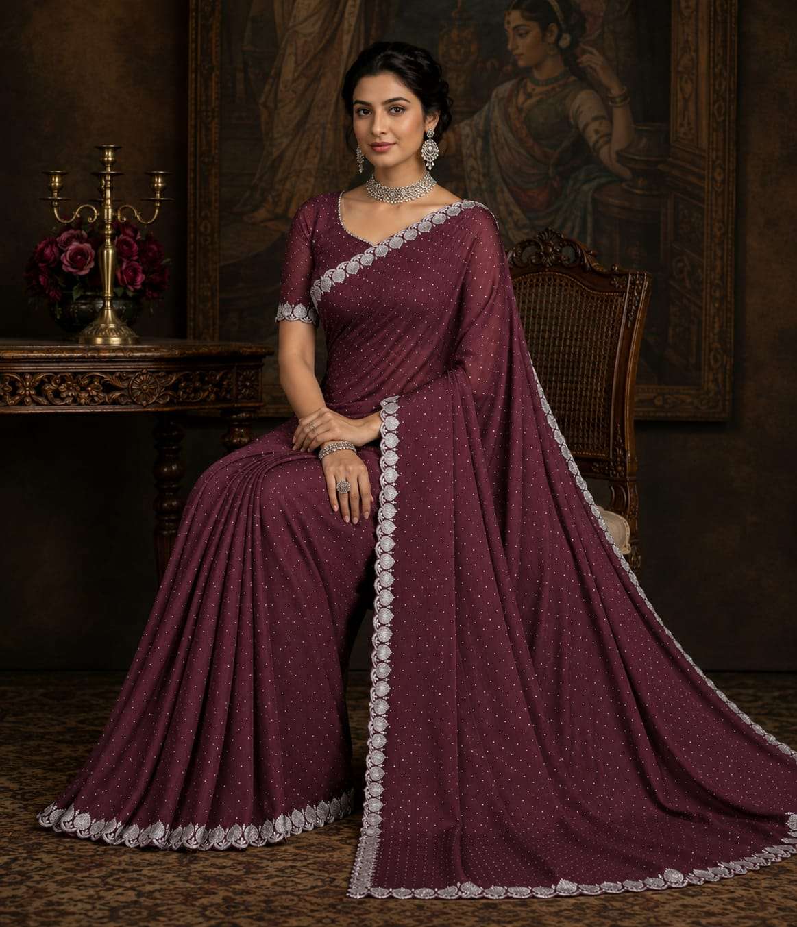 LC 1 SUPER SOFT AND PURE CHINON FABRIC EMBROIDERY WORK ON SAREE WHOLESALE IN SURAT