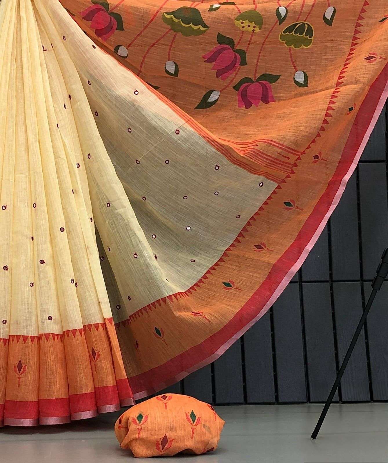 Linen mirror Soft Linen and cotton mix fabric saree with rea...