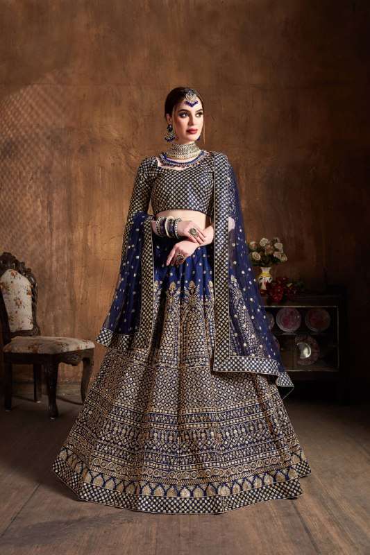  Majestic Navy Blue colour Raw Silk fabric with beautiful Embroidered Lehenga choli wholesale in surat 7408 Blue