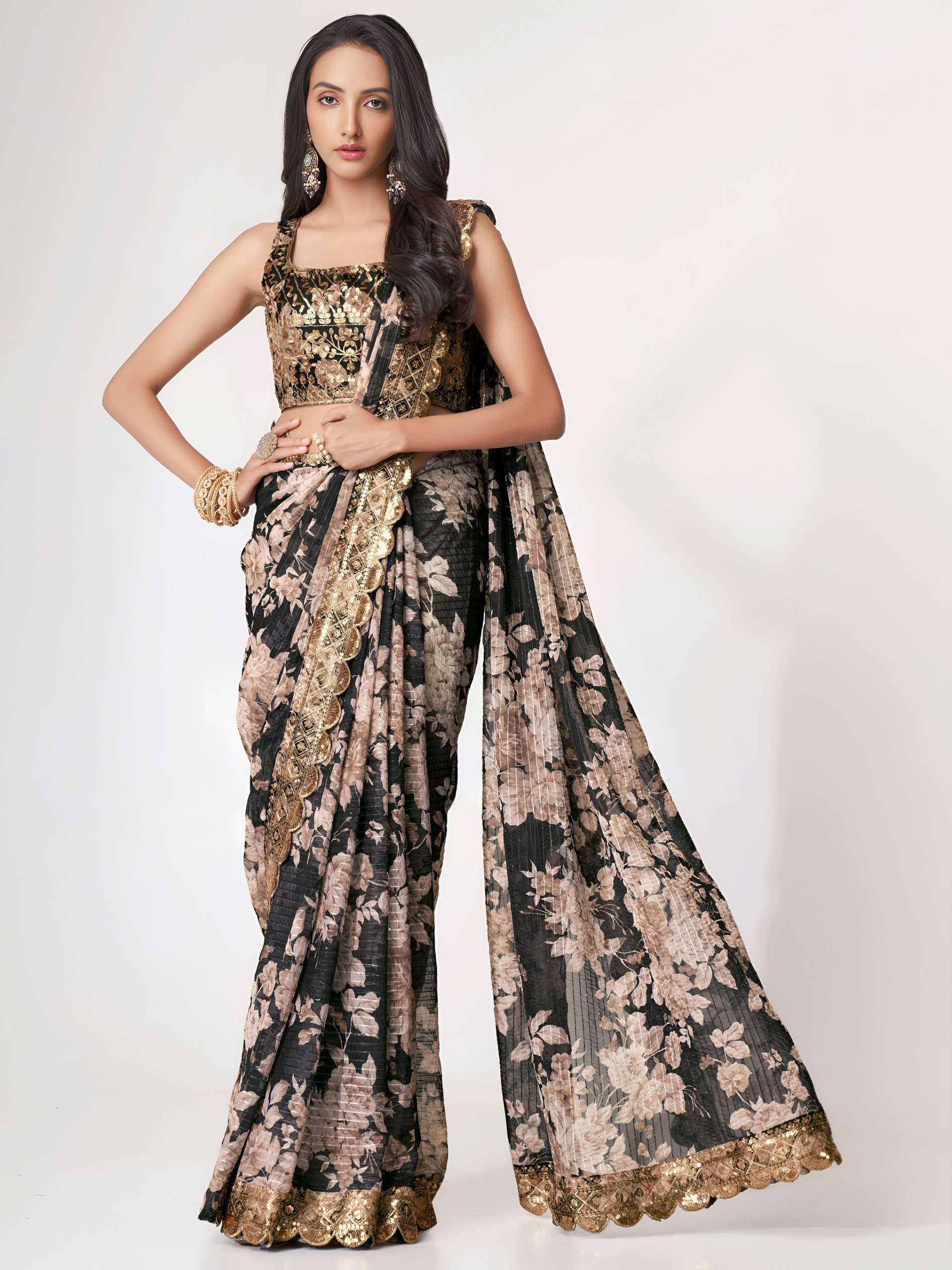 Midnight Luxe Deep black colour Floral textured Organza fancy fabric Saree wholesale in surat 1103 Black 