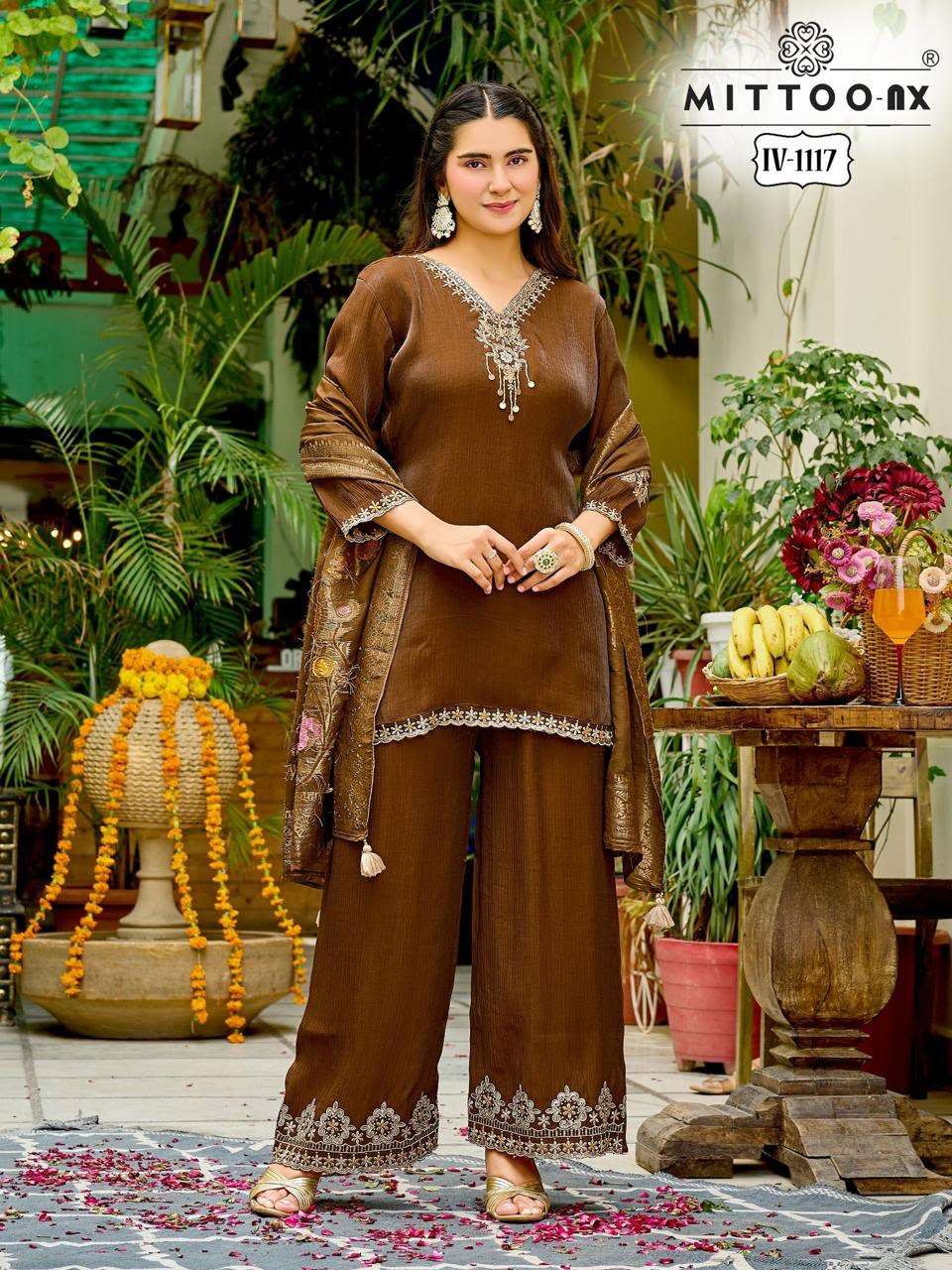 MITTOO NX IV 1116 AND 1117 CHIFFON SILK DESIGNER TOP PALAZZO SUIT PARTY WEAR RETAILER