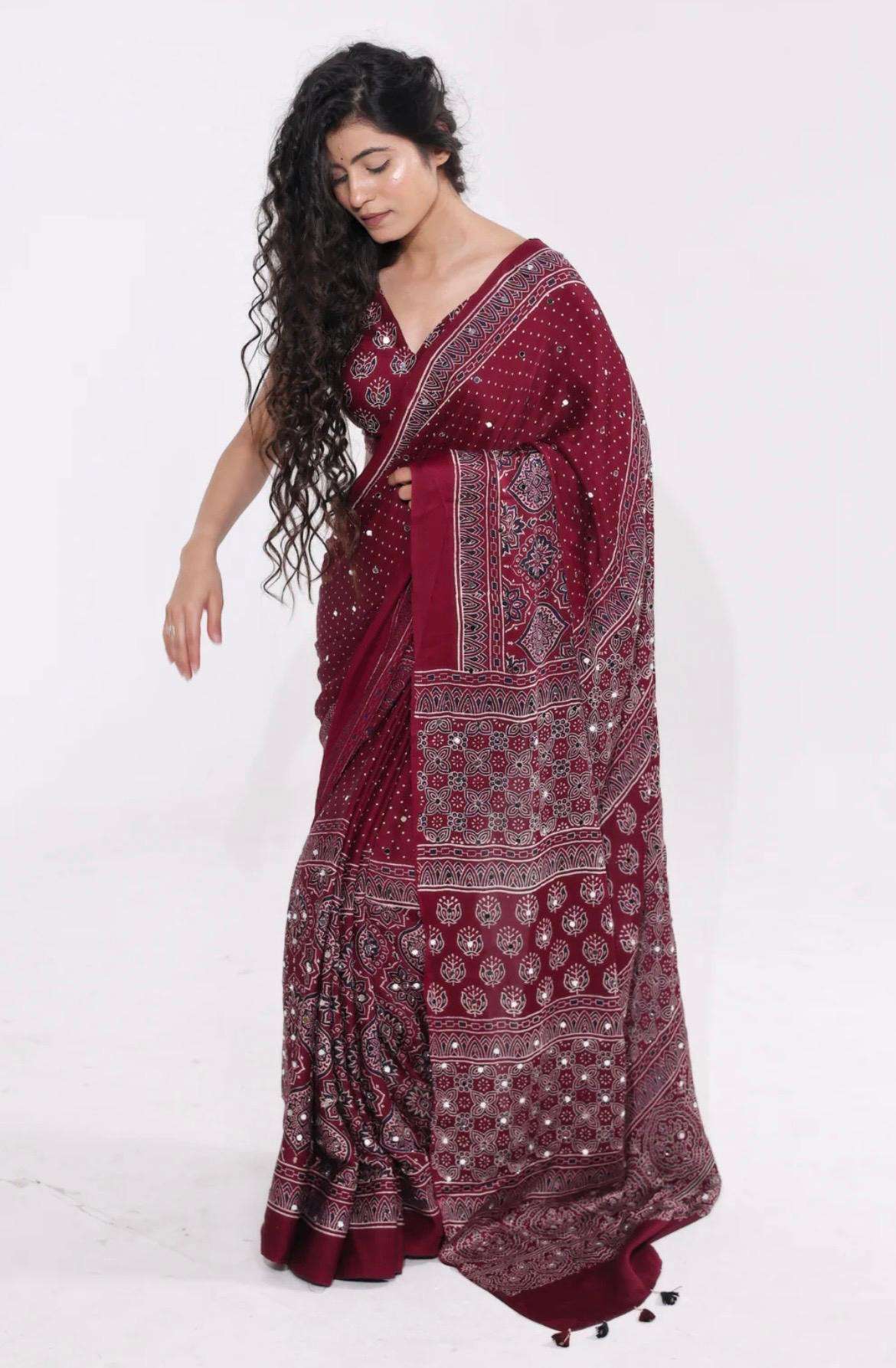 model silk fancy fabric saree with heavy mirror work on this saree wholesale in surat kaya