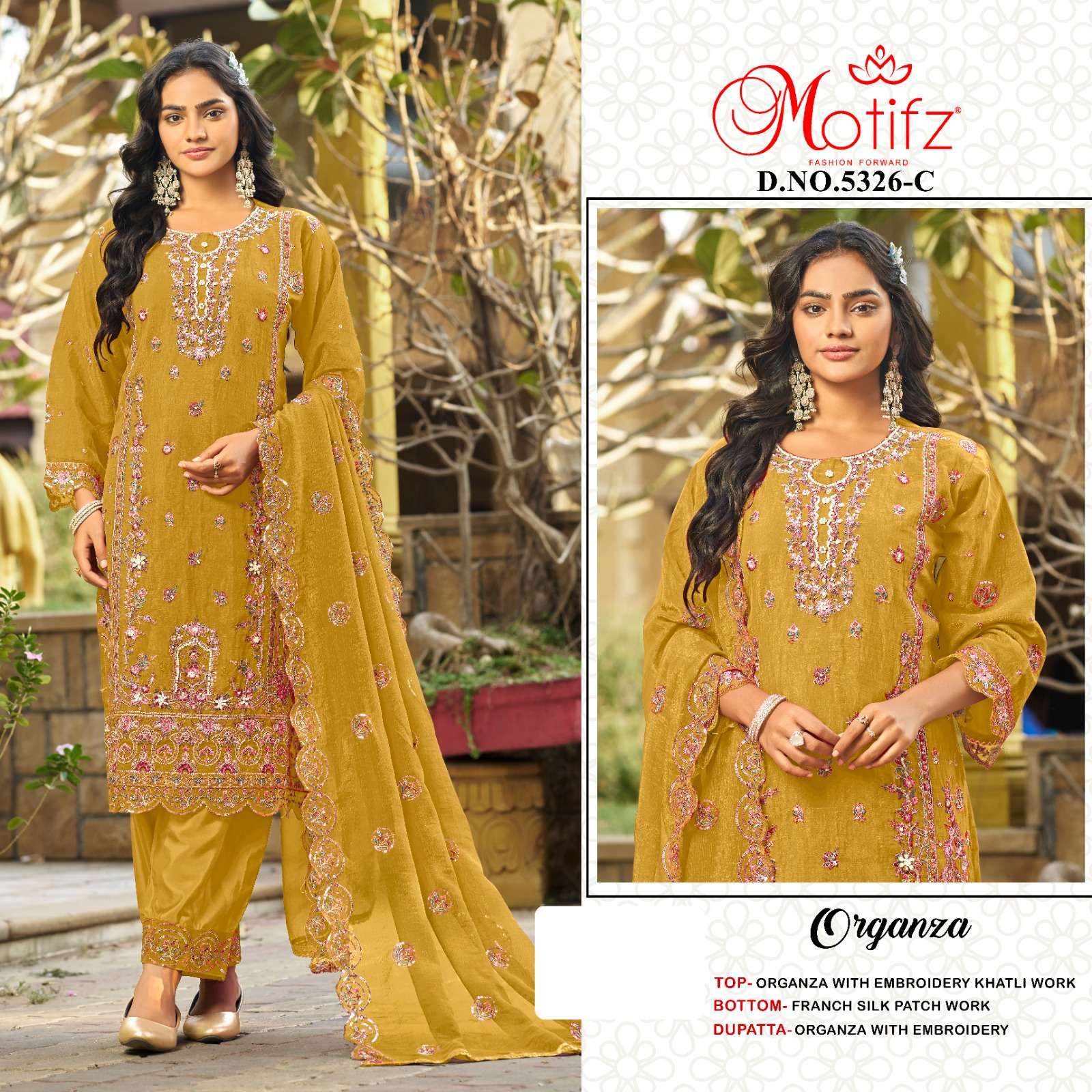MOTIFZ 5326 ORGANZA HEAVY WORK UNSTITCH LADIES SUIT FUNCTION WEAR WHOLESALER SET