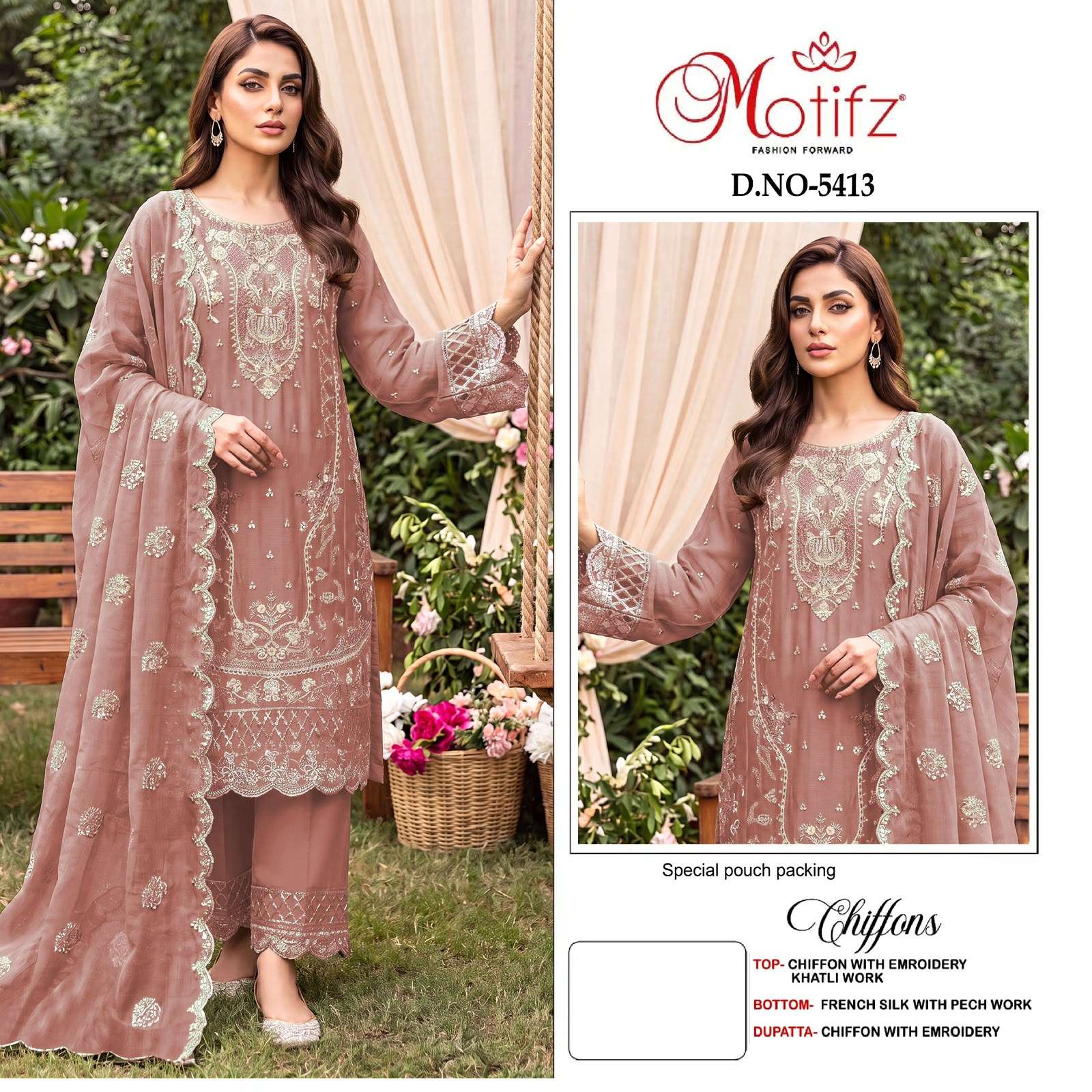 MOTIFZ 5413 SIFFON EMBROIDERY HEAVY PAKISTANI LOOK 3 PIECE SUIT UNSTITCHED WHOLESALER