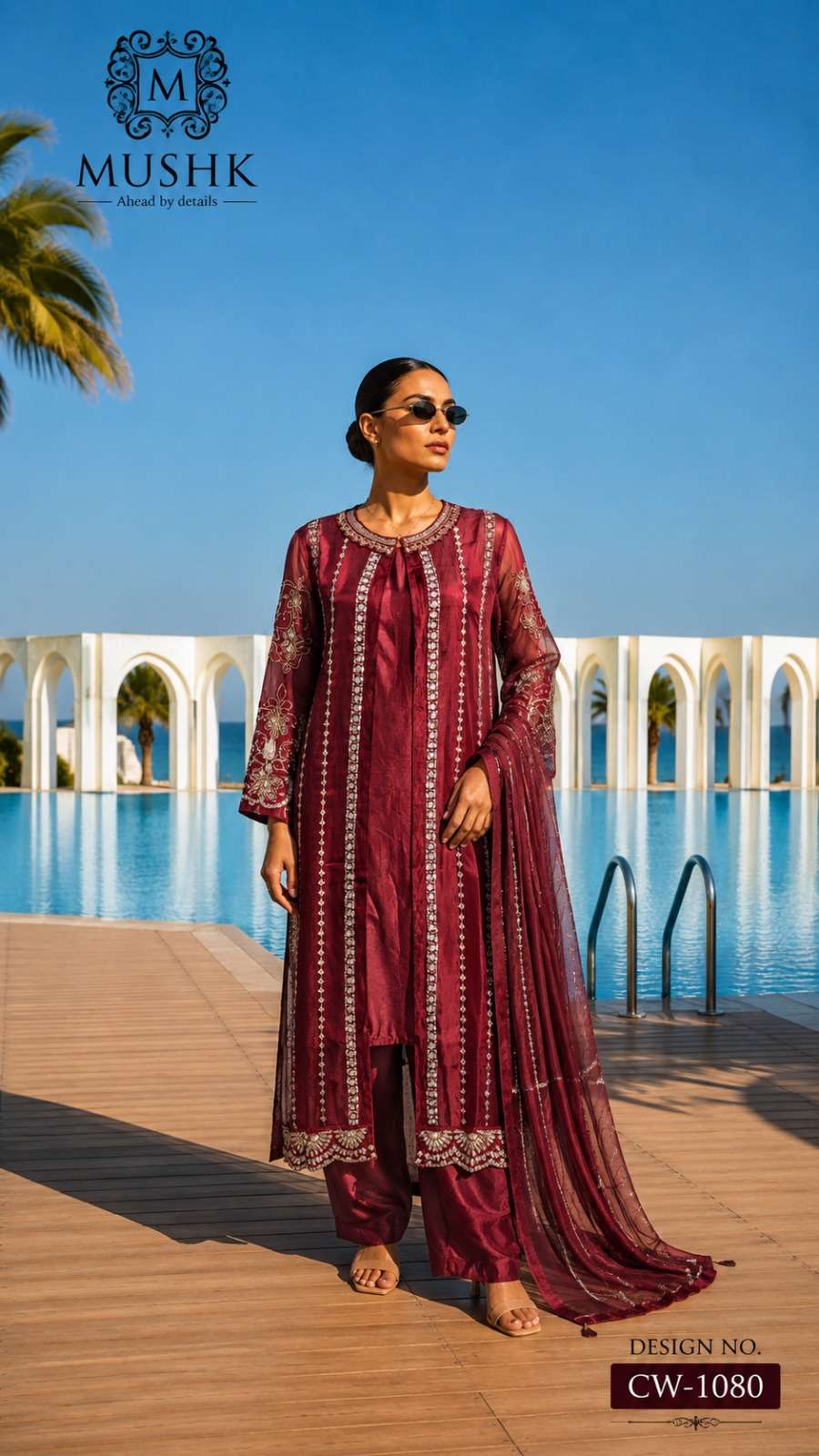 MUSHK CW 1080 CRSTYAL BITS VEVET SIMMER EMBROIDERY SUIT LOOK GORGEOUS EXPORT