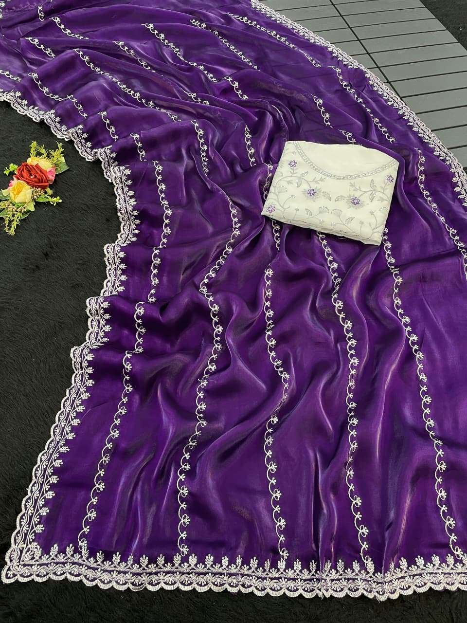 NEW ARRIVAL PREMIUM BLOOMING JIMMY CHOO AND SATIN  FABRIC SAREE WHOLESALE IN SURAT MEDDY