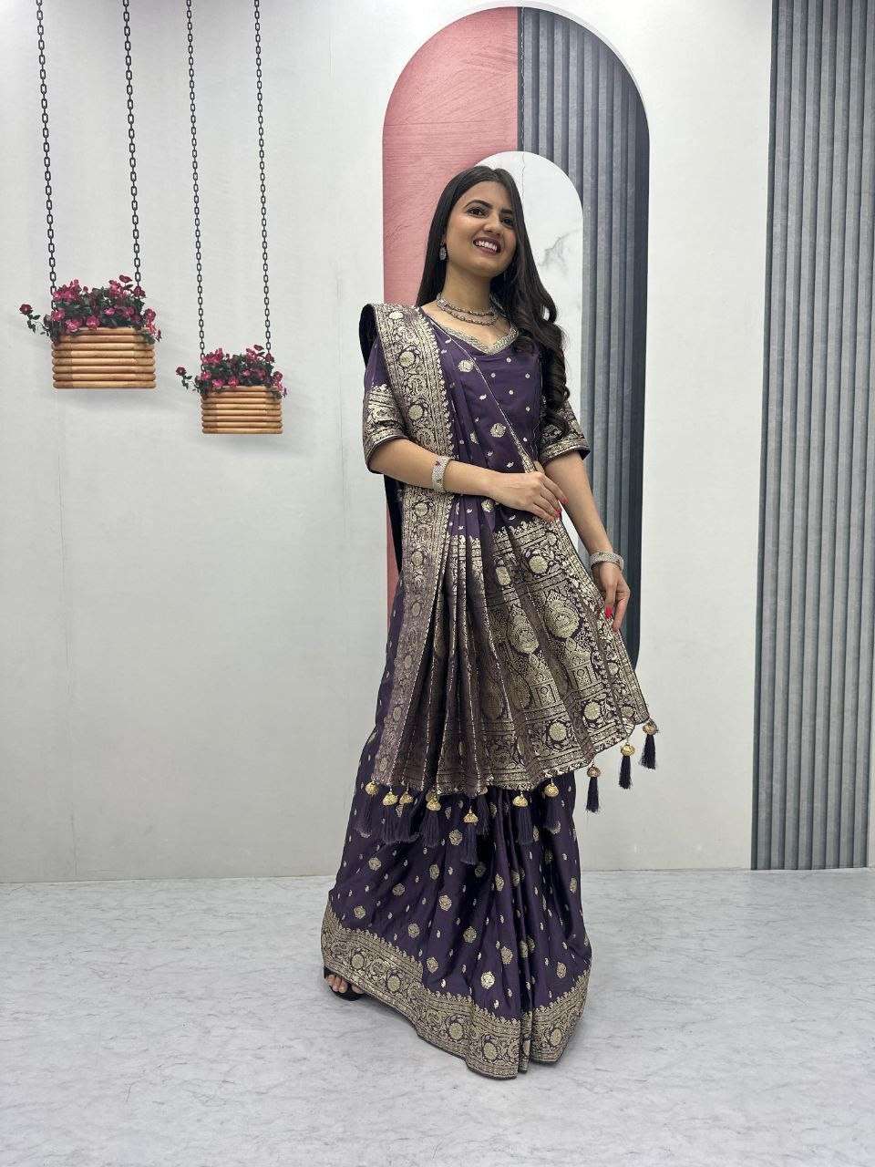   New Festival and wedding wear soft silk fabric readymade patli work saree reseller in surat 577