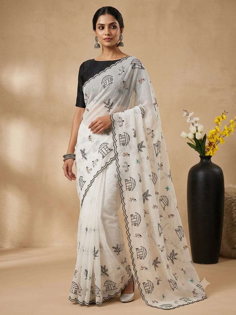 New Launching Premium Soft Linen Fabric with beautiful art work on saree wholesale in surat