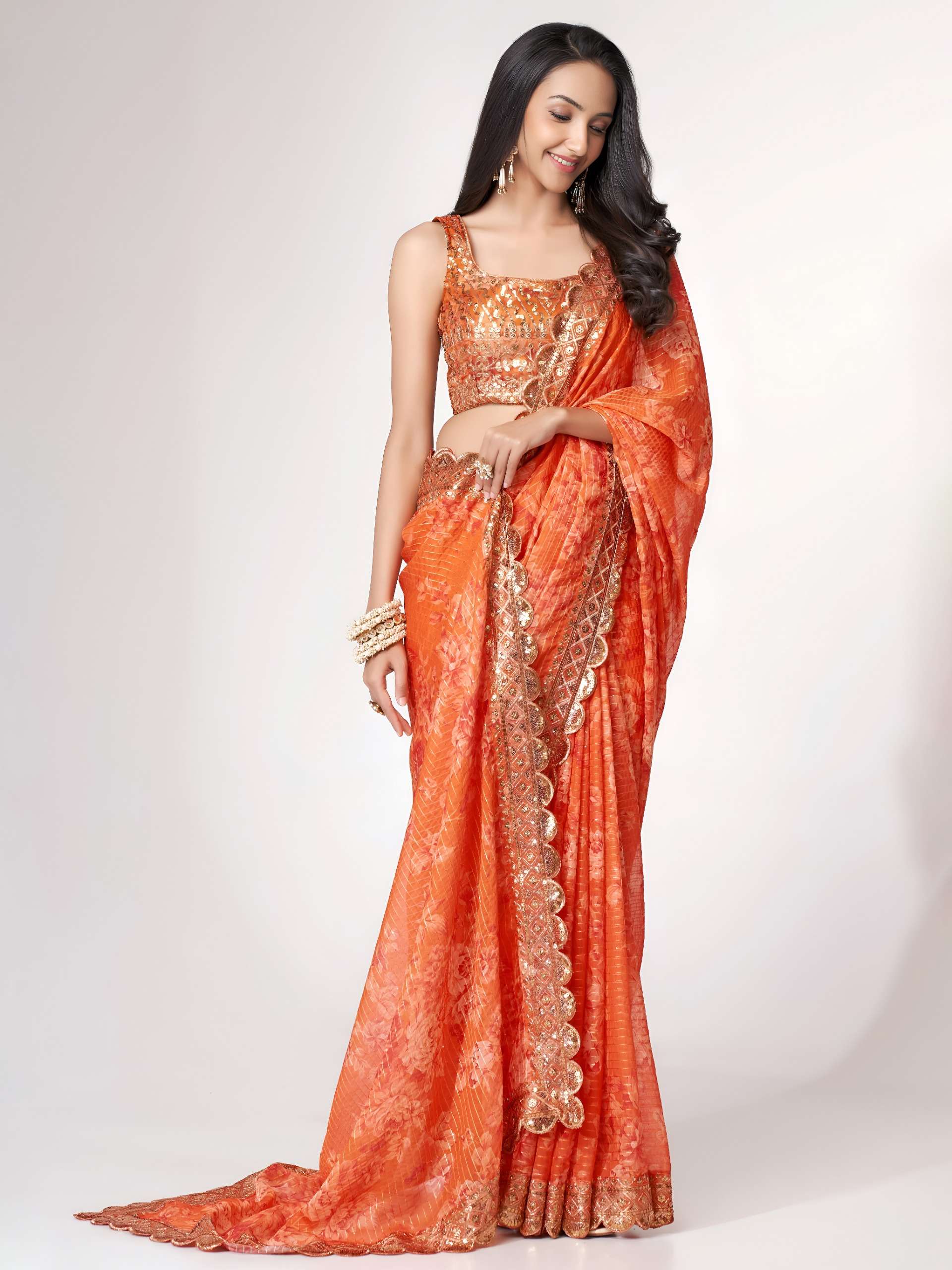  Orange colour with Organza fabric Floral Embroidered and Designer work on Saree wholesale in surat 1102 Orange 