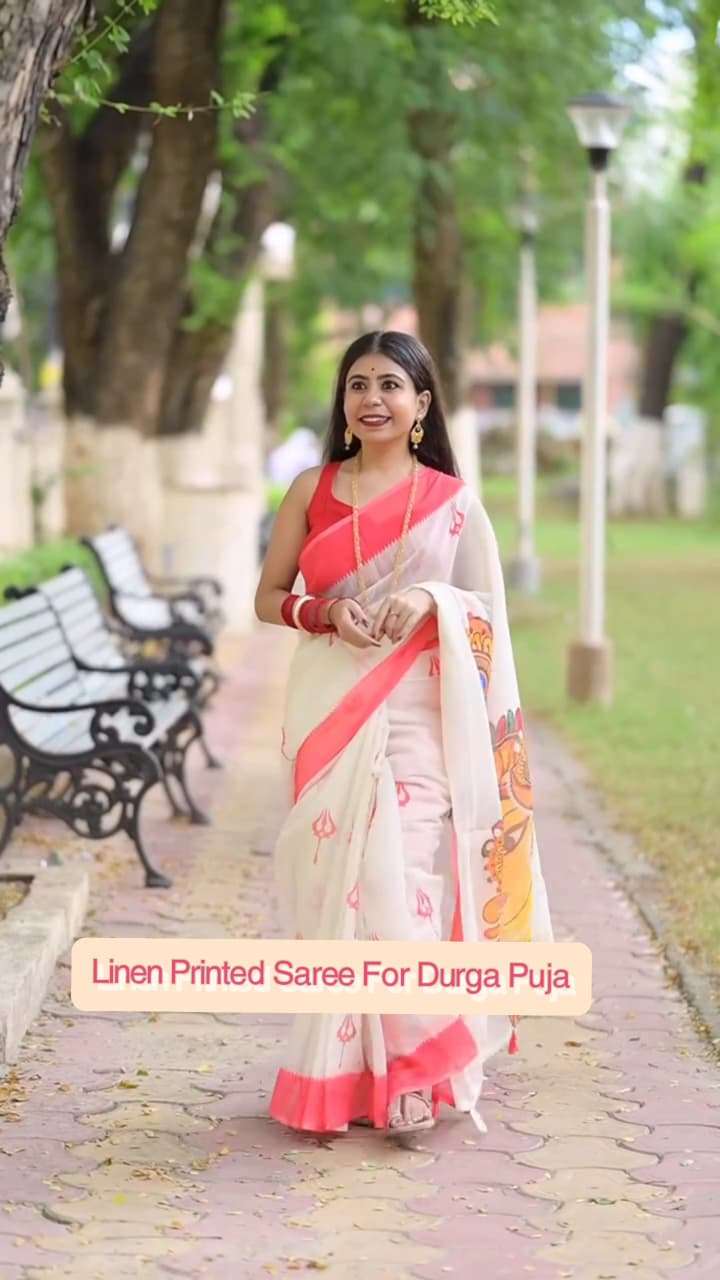 Plain Linen soft and pure fabric Durga Puja fastival Special wear saree wholesale in surat MG692
