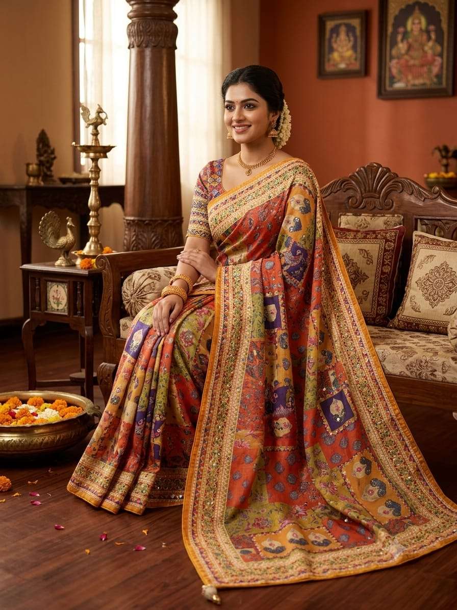 Premium Soft and classic Chinnon Silk fabric with beautiful Digital Ajrakh Print on Saree wholesale in surat jonny