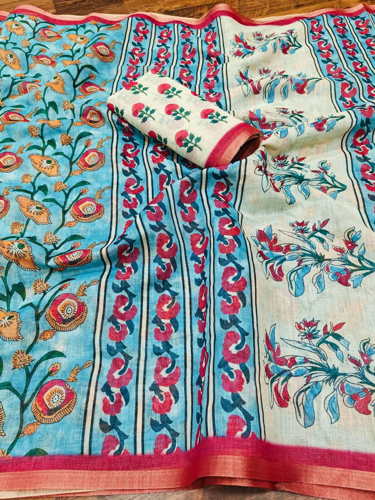 Pure and Soft Linen And Cotton fabric with blue flower digital print on saree wholesale in surat nilika