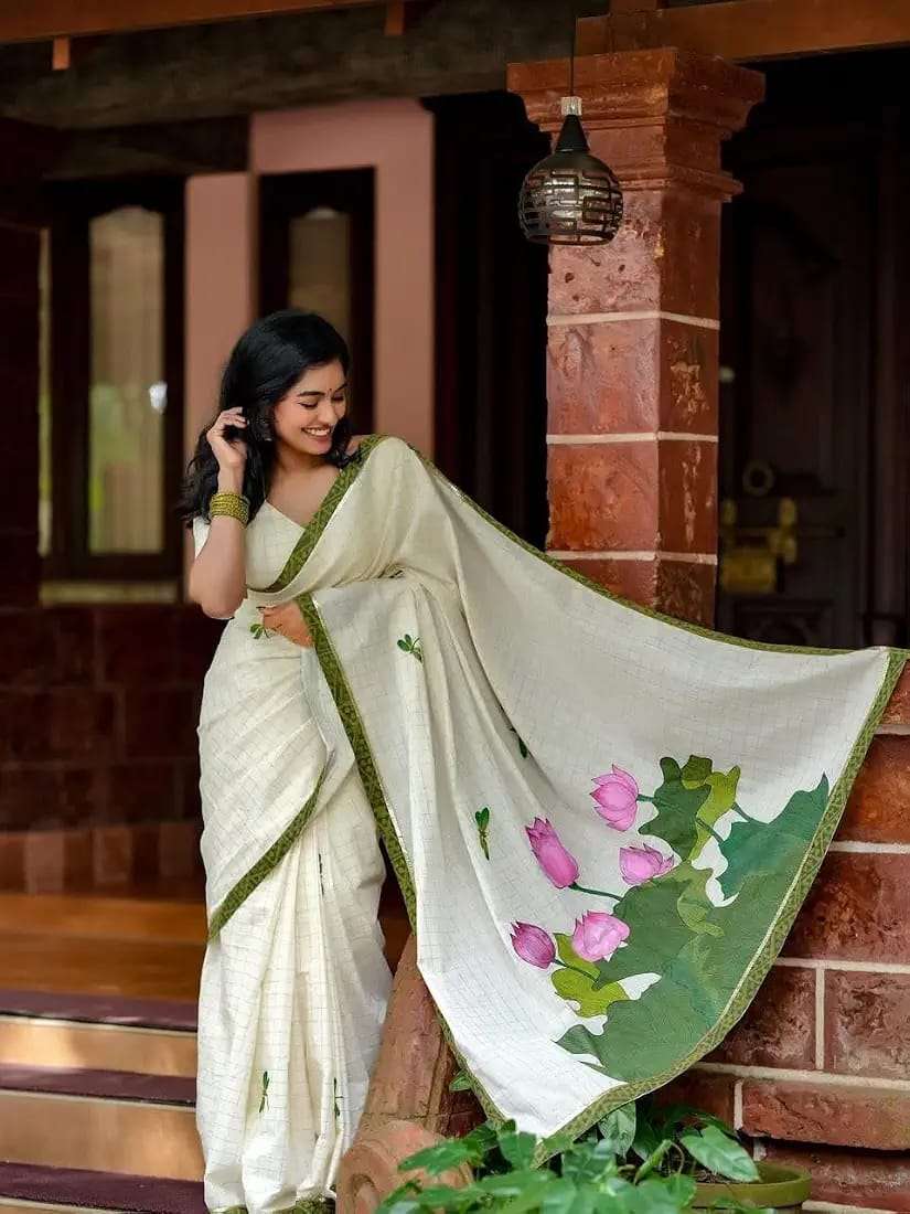 Pure Linen fabric with beautiful Louts flower Digital Print saree Wholesale in surat Gallery
