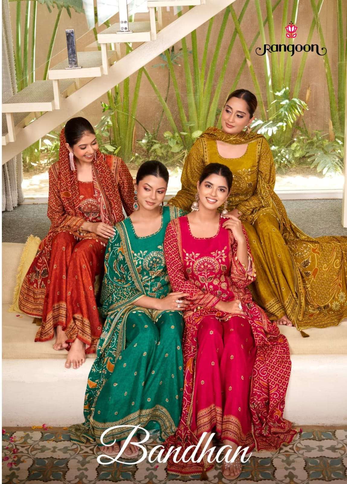 RANGOON BANDHAN MUSLIN PRINT AARIWORK PALAZZO SUIT FOR WOMEN FESTIVAL CLOTHING 
