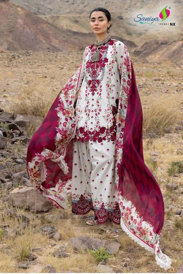 SANIYA TRENDZ NX 7221 COTTON WITH CHIKANKARI WORK WHITE SUIT PINK PRINT PAKISTANI BUY RESELLER 