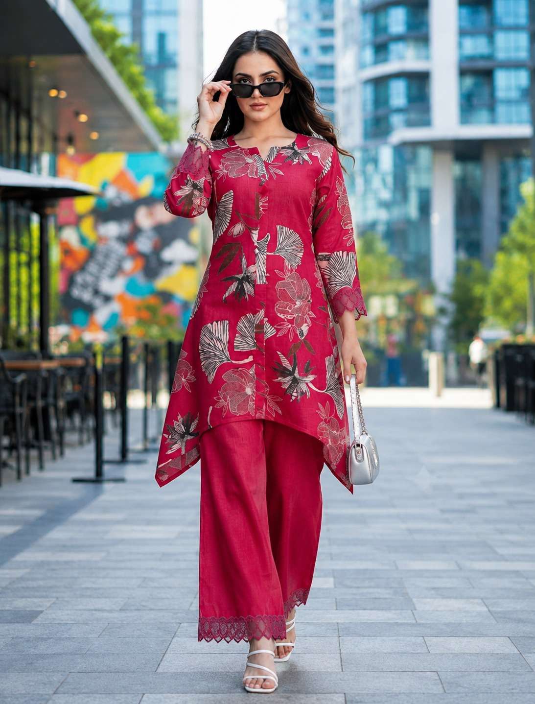 SF VERTICAN FLOWER PRINT KURTI PANT FOR WOMEN OFFICE AND PAR...