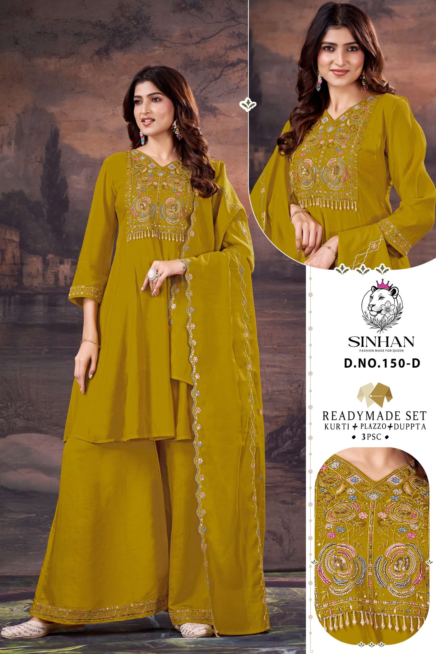 SINHAN 1050 READYMADE CHANDERI DESIGNER KURTI PALAZZO DIWALI SUIT WHOLESALER