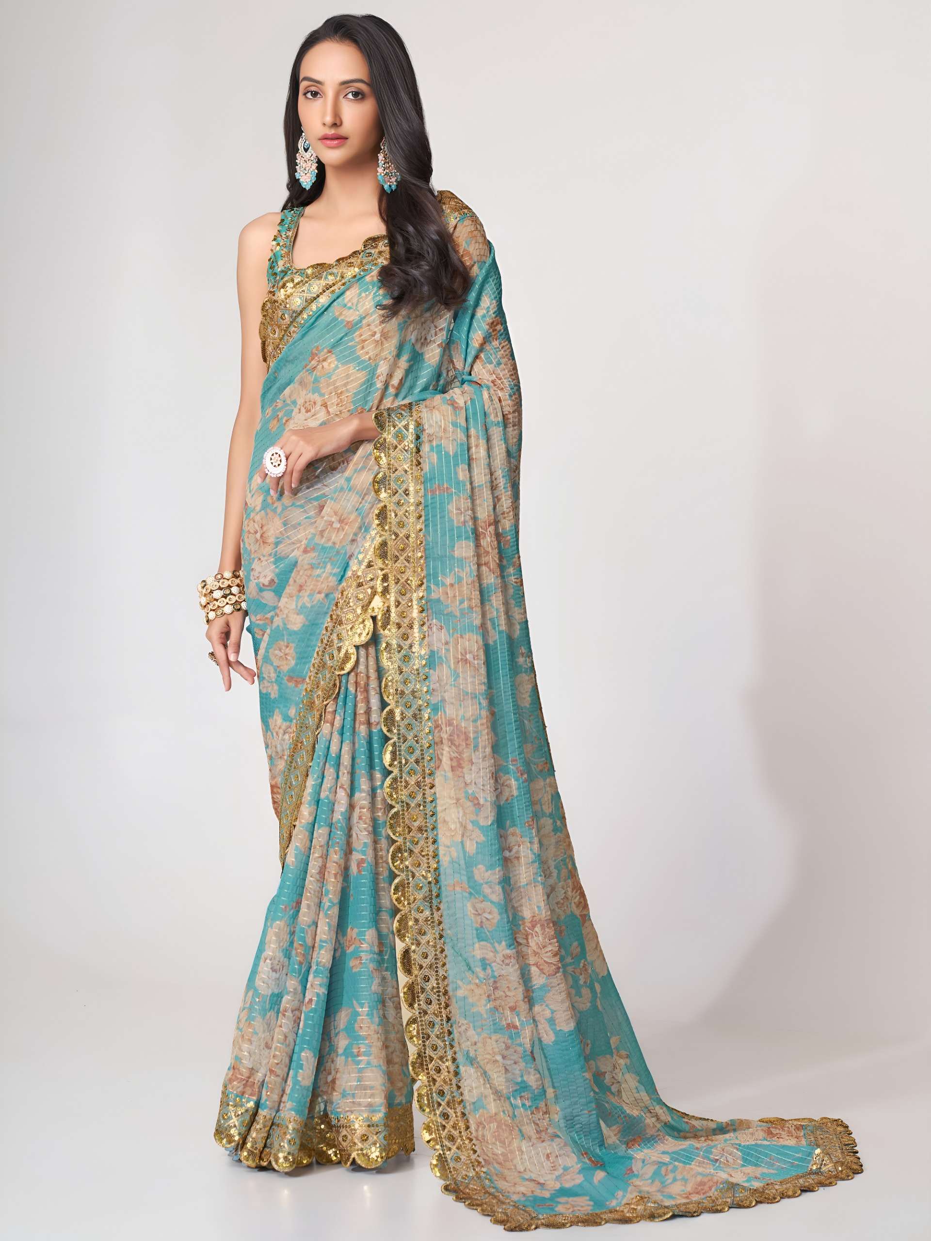  Sky Blue and Aqua blue Blossom colour Royal Organza fancy fabric Saree wholesale in surat 1109 Sky Blue 