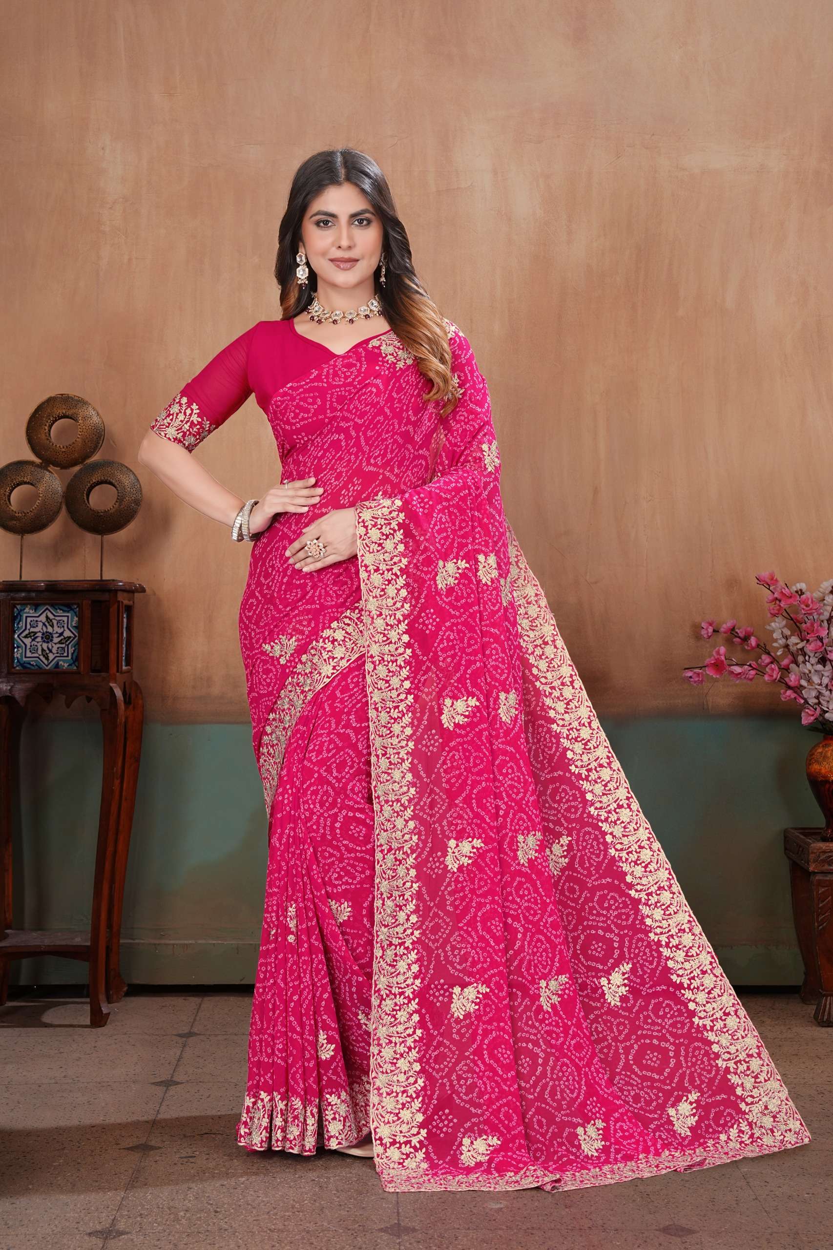 SLSR JIVA 3 COLOURS GEORGETTE FABRIC WITH BEAUTIFUL BANDHANI PRINT ON SAREE RESLLER IN SURAT