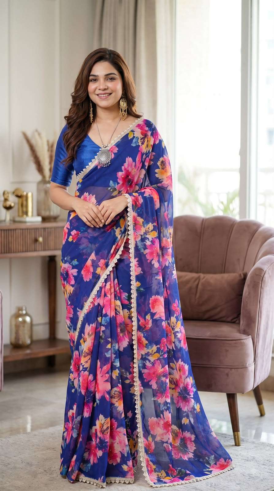 Soft and pure Georgette fabric with flower golden diamond work on sarees wholesale in surat VK4532 