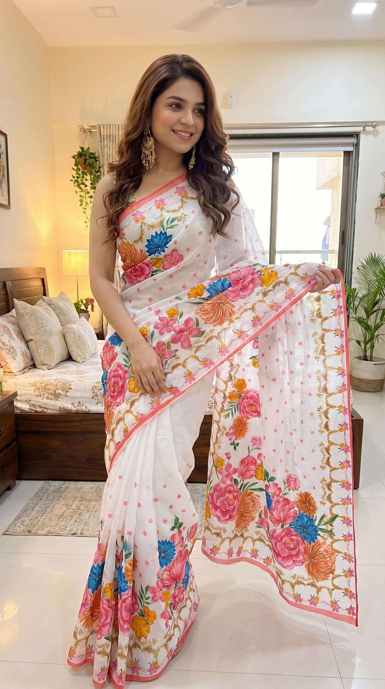 Soft and pure Georgette fancy fabric with beautiful flower handwork on sarees wholesale in surat VK4534