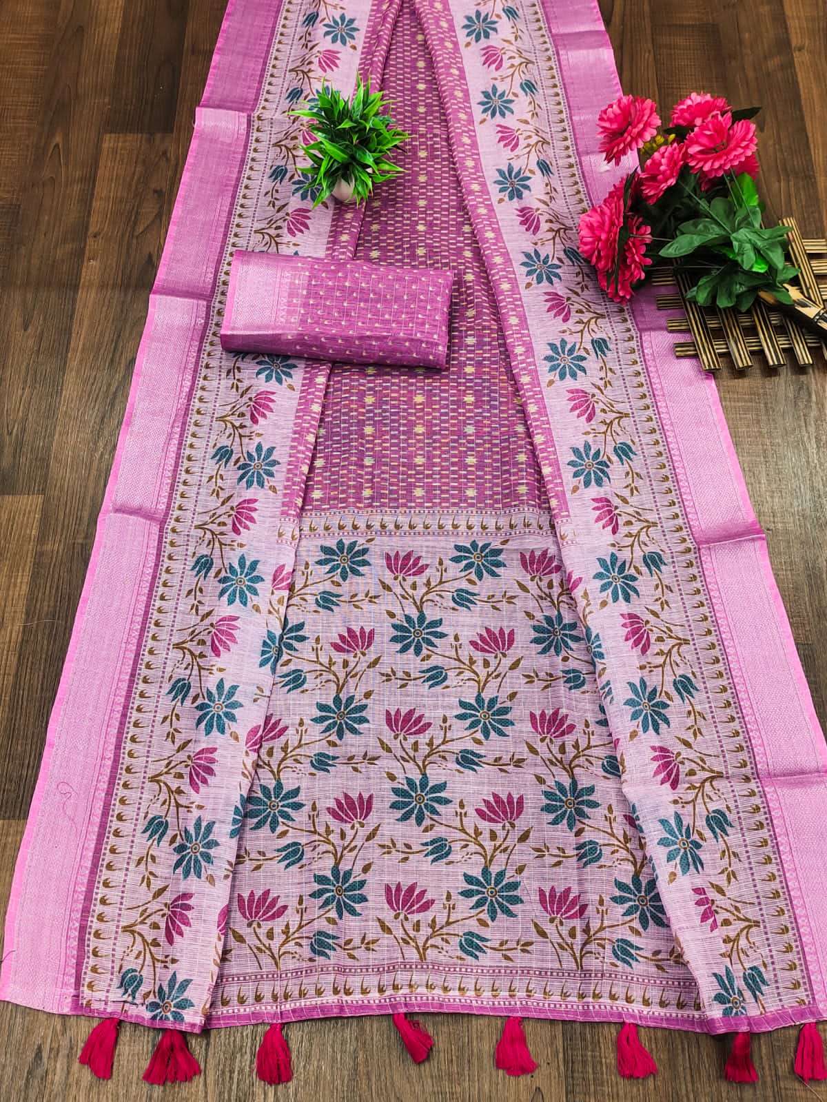 Soft cotton Checks linen fabric Saree With block Print In regular wear Saree wholesale in surat vrinda 