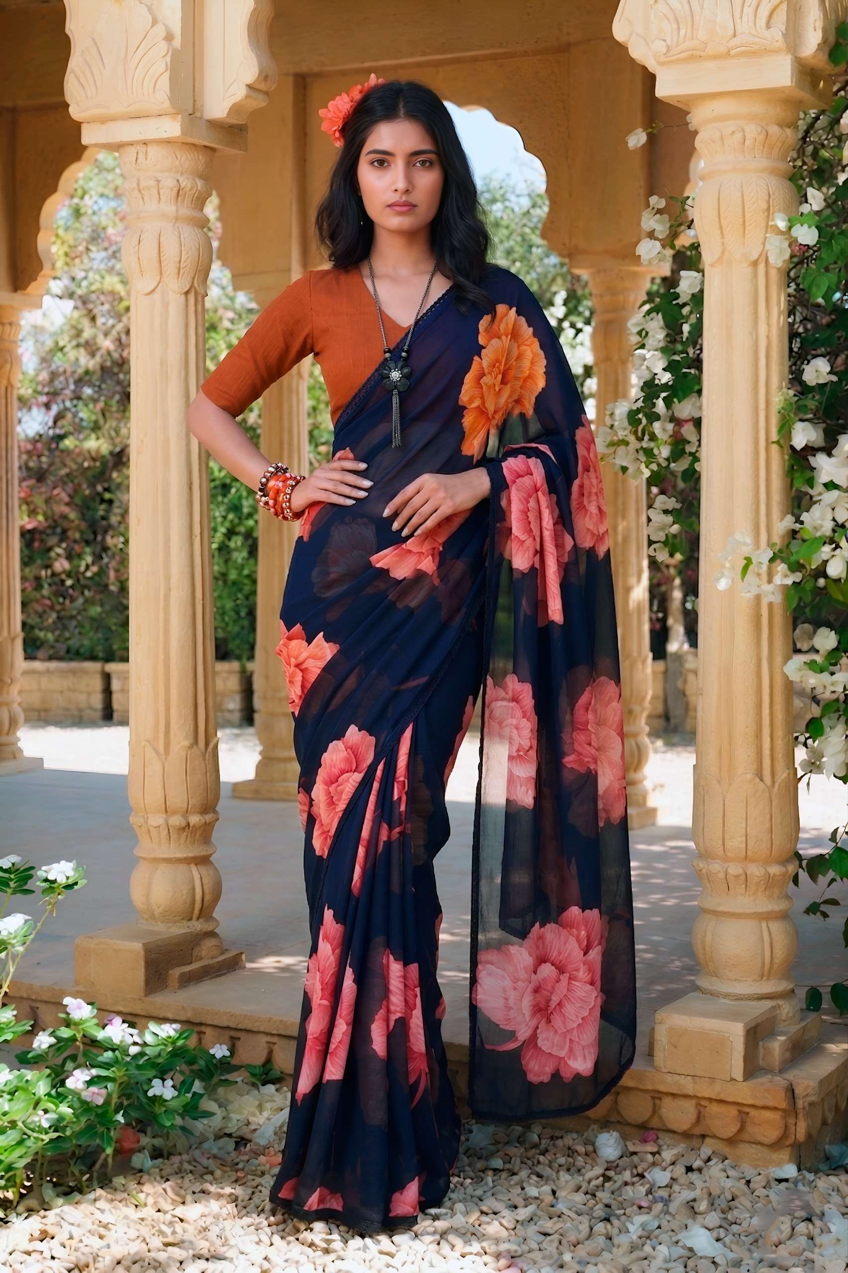 The perfect harmony of airy chiffon and blooming florals fabric saree wholesale in surat 7033