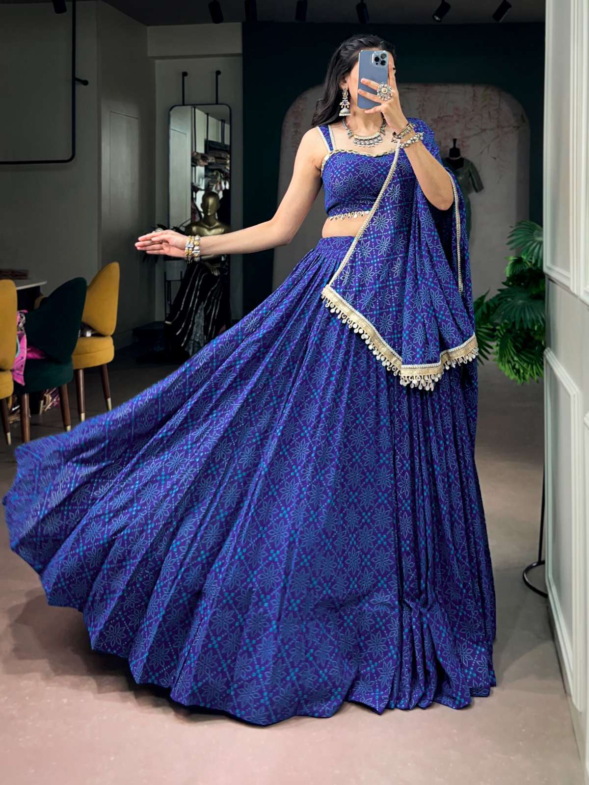This Navratri into festive elegance with a beautiful Royal blue colour Georgette fabric lehenga choli at the best rate 1731