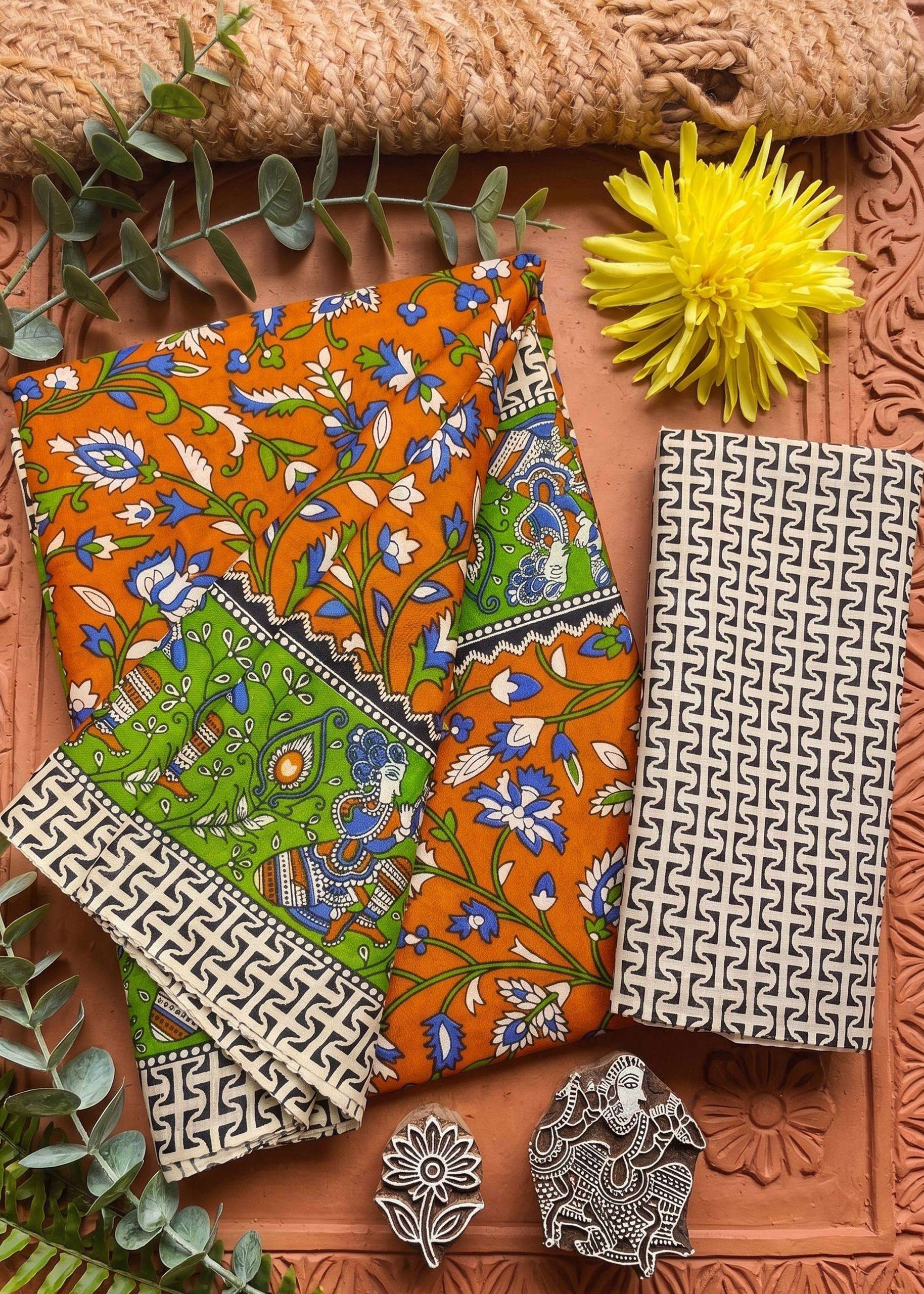  Traditional kalmkari Handblock Print on Pure and soft Mul C...