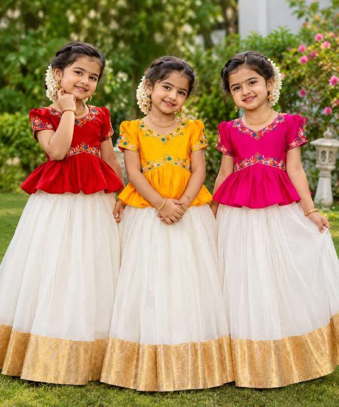 TRIO PRINCESS PEPLUM LEHENGA COLLECTION PUFF SLEEVESS BLOUSE LEHENGA KIDS WEAR FESTIVAL 