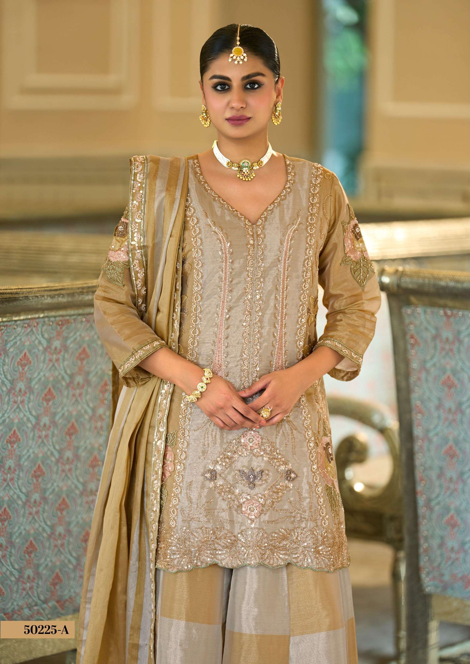 50225 VISCOSE KANJIVARAM WITH BEATS WORK PALAZZO 3 PIECE SUIT FOR FESTIVAL INDIA STORE