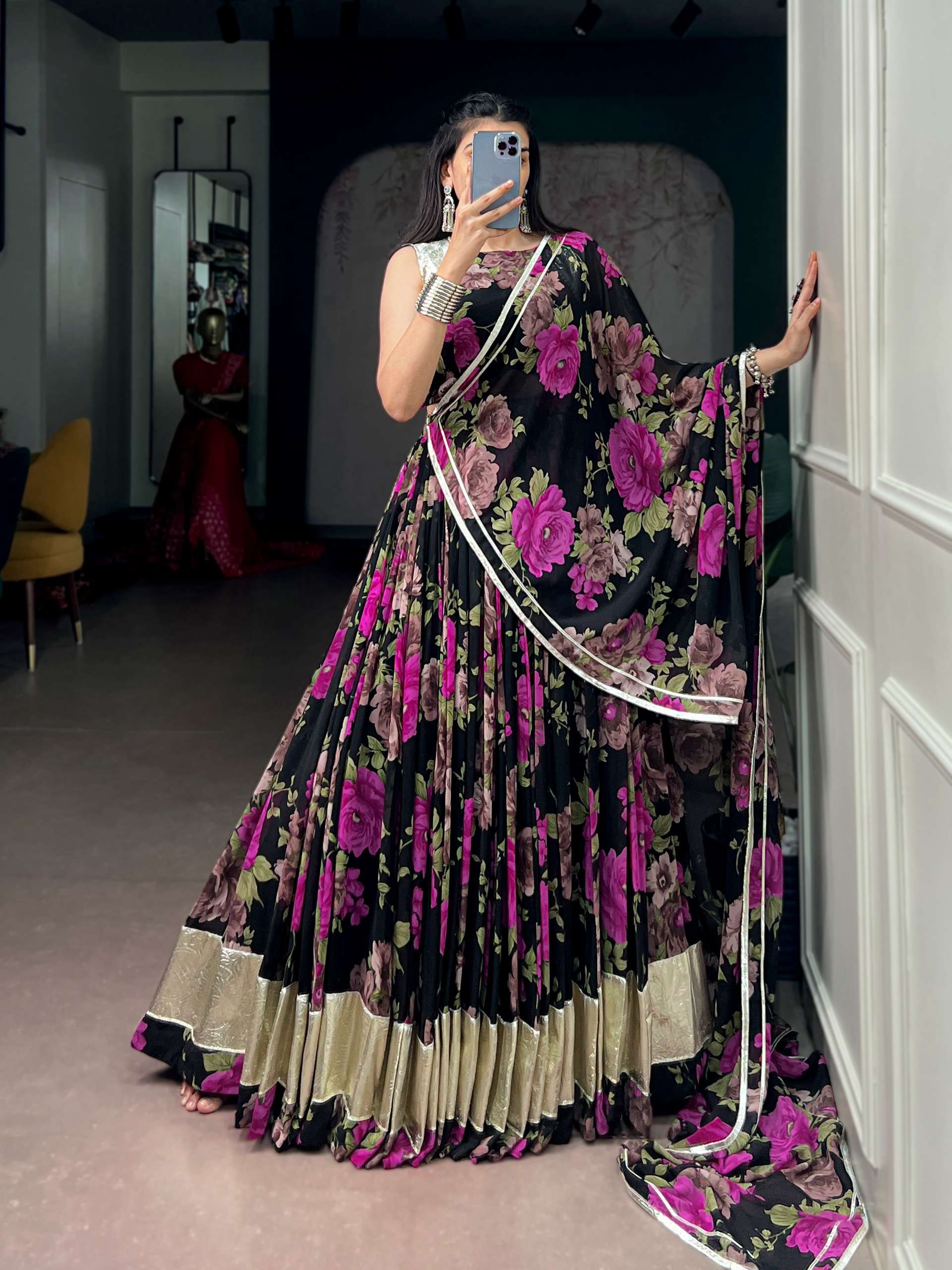 A beautiful Georgette fabric with featuring elegant Floral Prints lehenga choli supplier in surat 1745