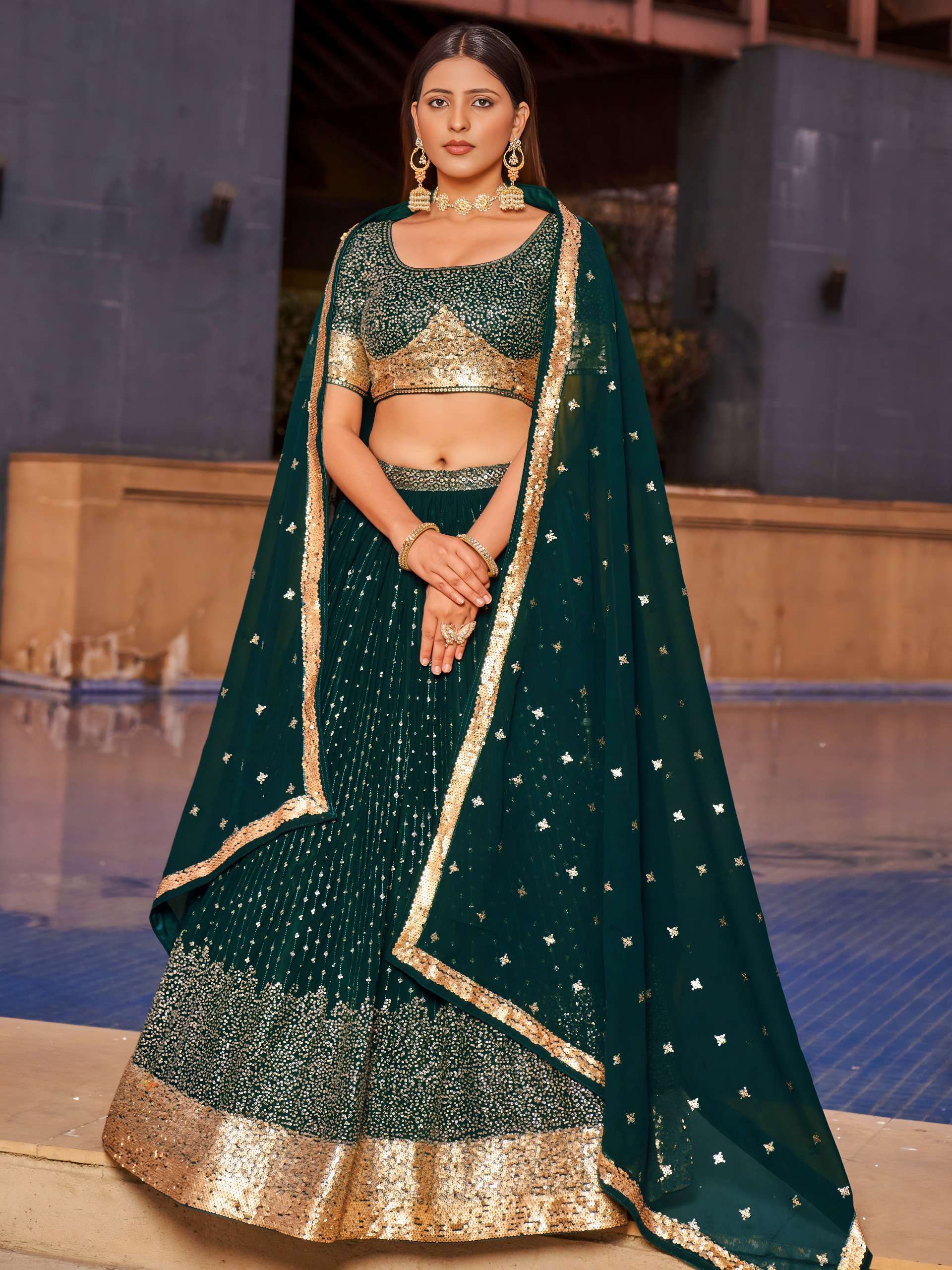A deep emerald green colour made of georgette fabric lehenga choli wholesale in surat 8010 Green 