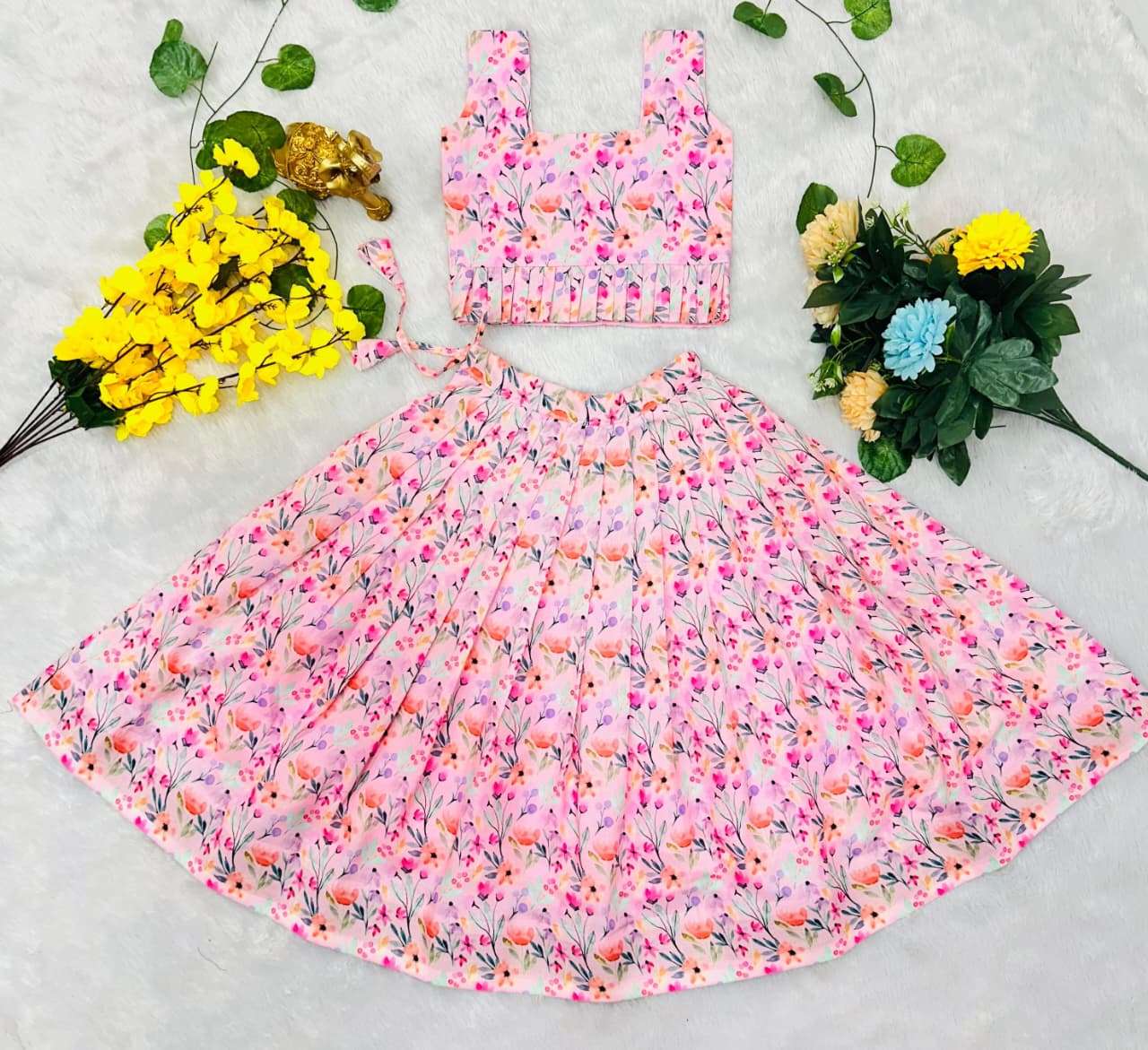 Adorable kids wear lehenga choli in soft pink Cherry blossom floral print on lehenga choli wholesale in surat