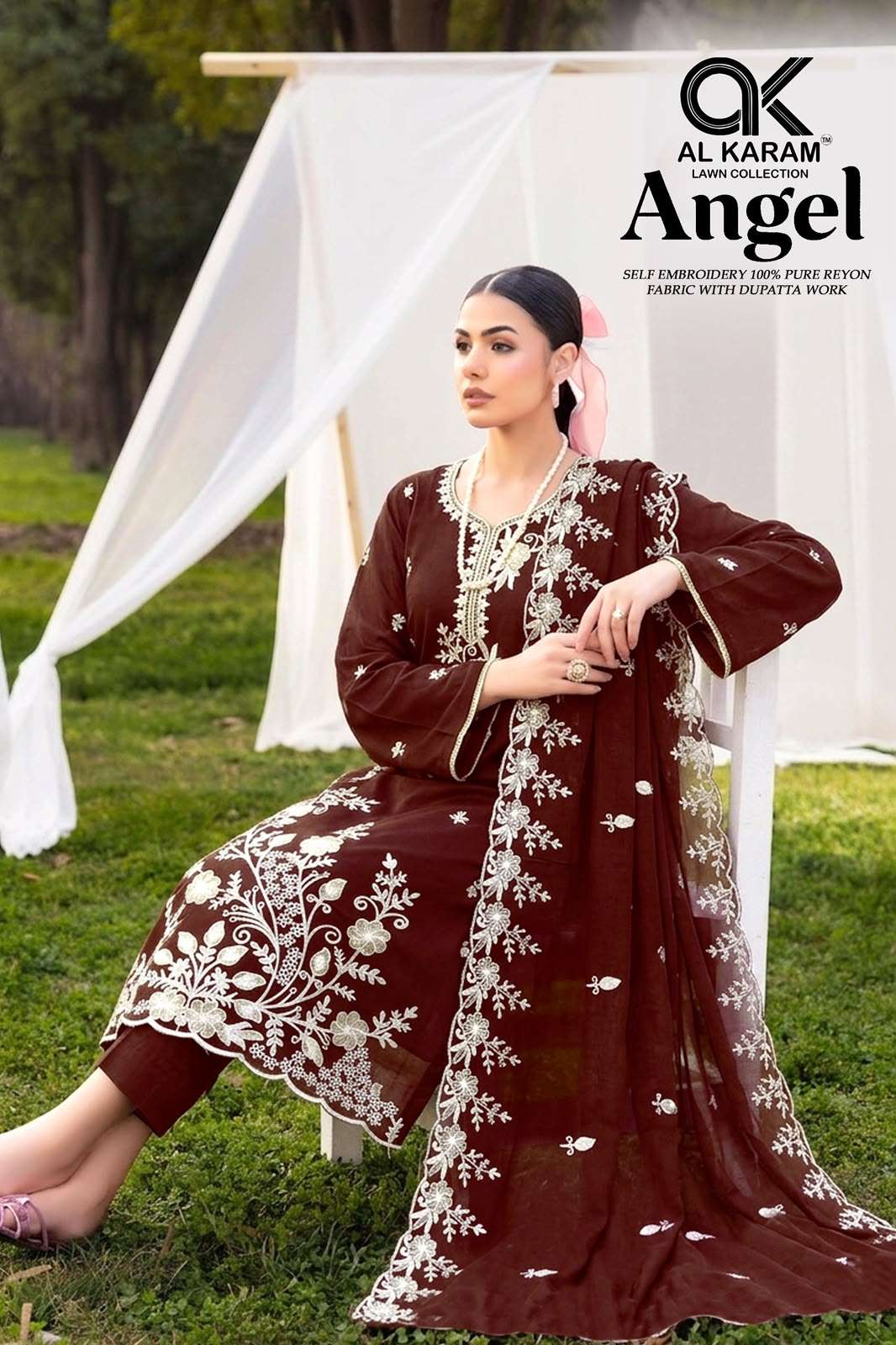 AL KARAM ANGEL RAYON EMBROIDERY DAMAN CUT WORK SUIT 3 PIECE FOR FEMALE RESELLER