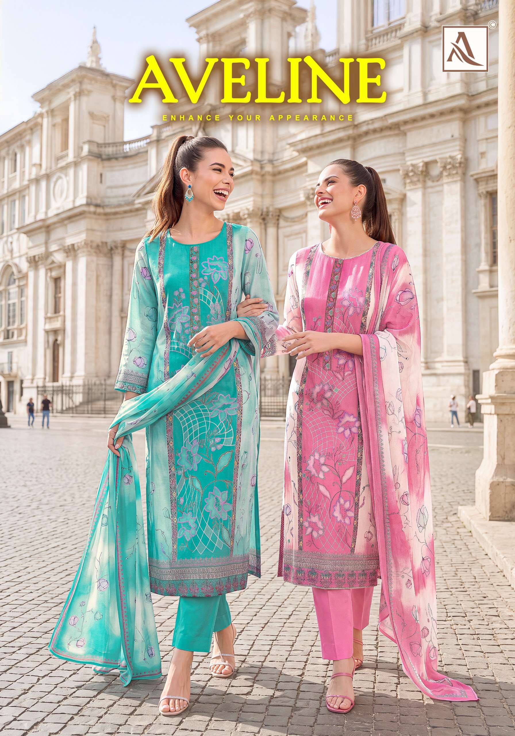 ALOK SUIT AVELINE MASLIN DIGITAL PRINT EPLIC WORK SALWAR KAMEEZ FOR MATERIAL WHOLESALE