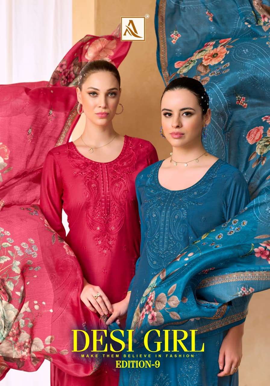 ALOK SUIT DESI GIRL VOL 9 MASLIN DESIGNER AND WORK SALWAR KAMEEZ AT WHOLESALER SURAT